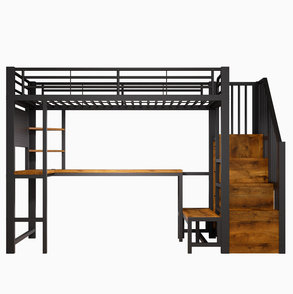 HOCHBETT Metall/MDF 90x200 cm Schwarz mit Schreibtisch, Stauraumtreppe, LED, USB & USB-C - Schwarz, Holzwerkstoff (90/200cm) - Modfu