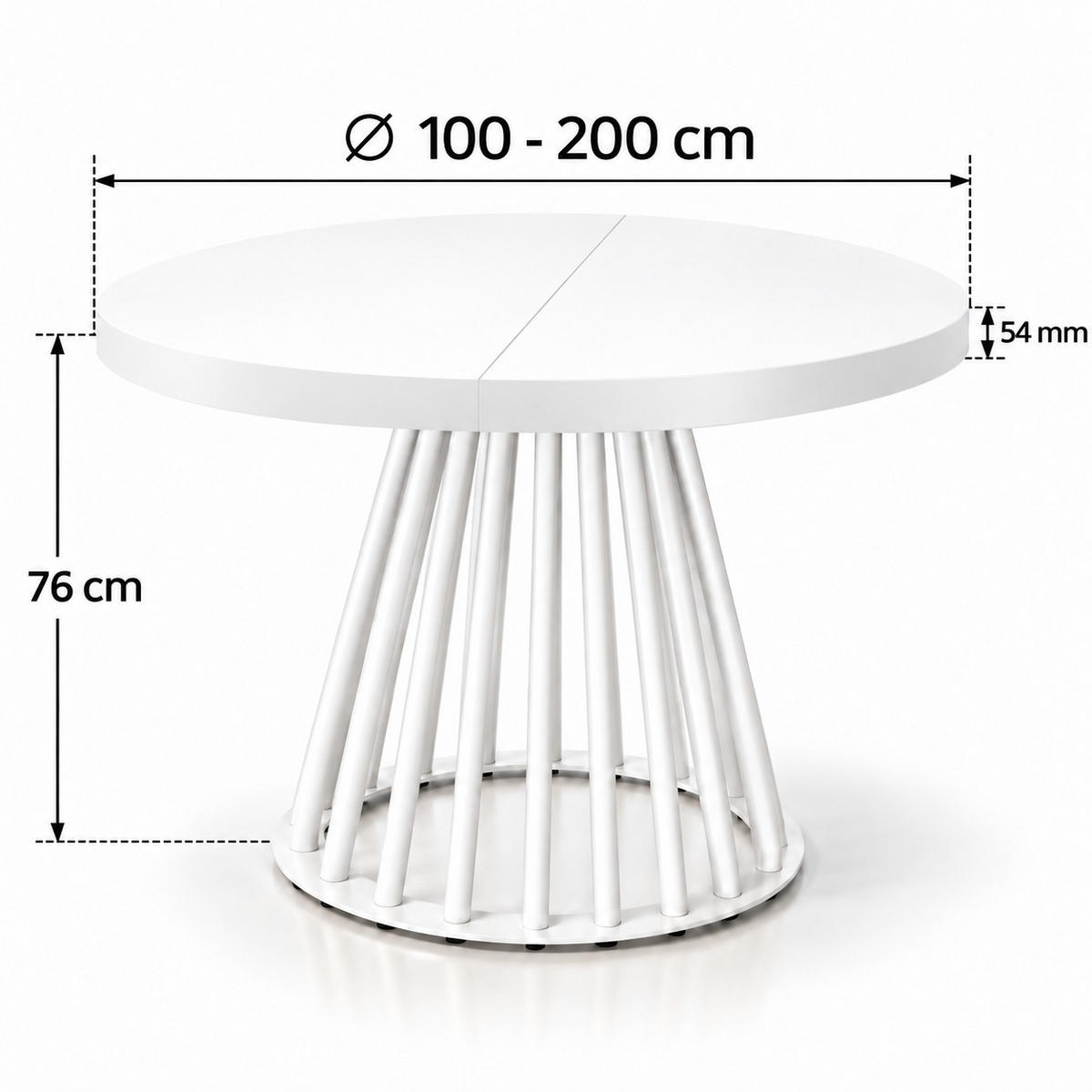 ESSTISCH rund ausziehbar 100/200/76 cm, Weiß, 54 cm Tischplatte + Lamellen-Metallgestell Weiß - Weiß, Holzwerkstoff/Metall (100/200/76cm) - Damale Möbel