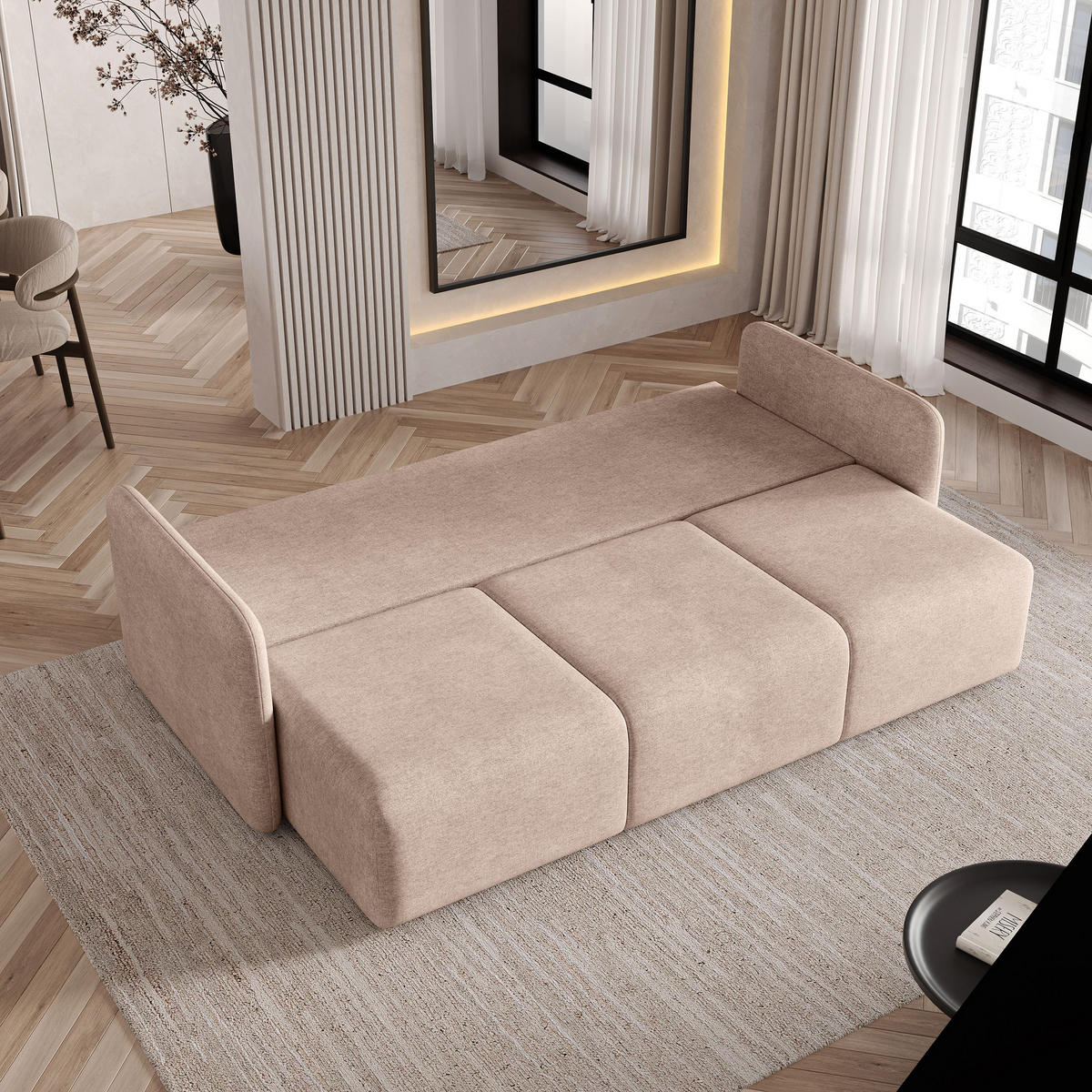 BETTSOFA SUVI III NV Beige Geflochtener Stoff mit Schlaffunktion - Beige, Textil (90/85/220cm) - MASSENO