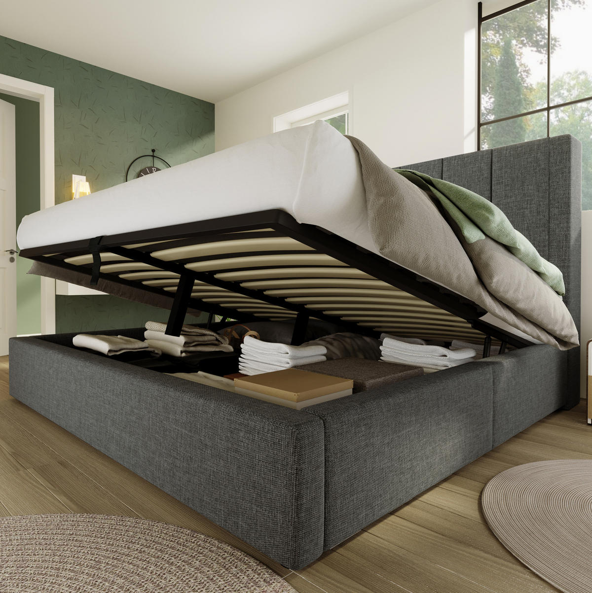 POLSTERBETT aus Leinen 180x200 cm Grau mit USB-Ladestation, klappbarem Becherhalter und hydraulischem Stauraum - Grau, Textil (180/200cm) - Modfu
