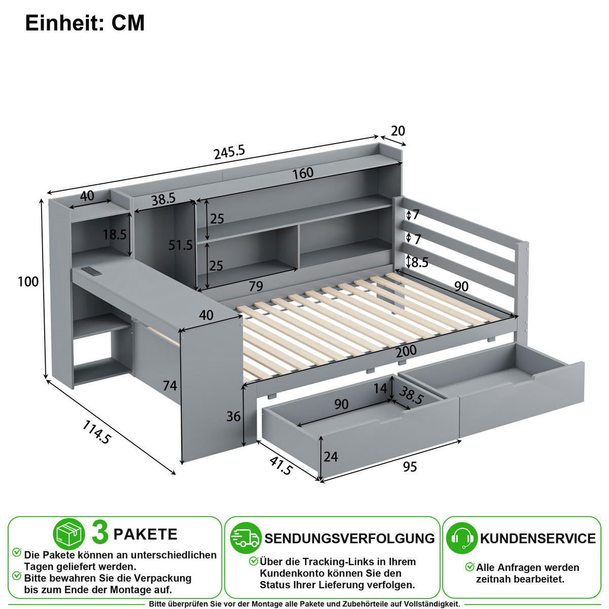 SCHLAFSOFA 90/200 cm in Grau mit Schreibtisch, Regal, USB und 2 Schubladen aus Massivholz - Grau, Holz/Holzwerkstoff (90/200cm) - CHICFURN
