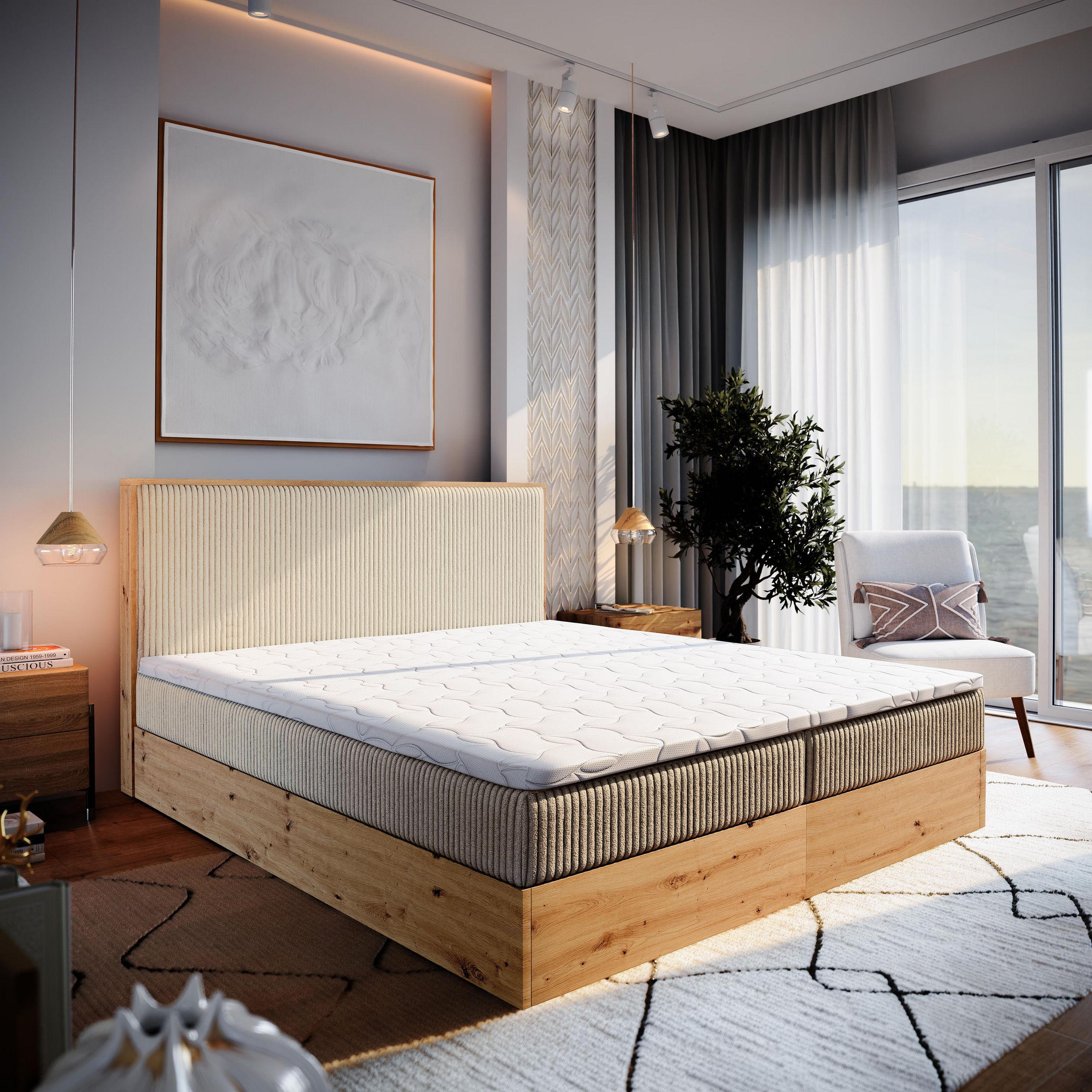 BOXBETT VERDON 180x200 cm mit Matratze und Topper - Creme - Creme, Holz (180/200cm) - MASSENO