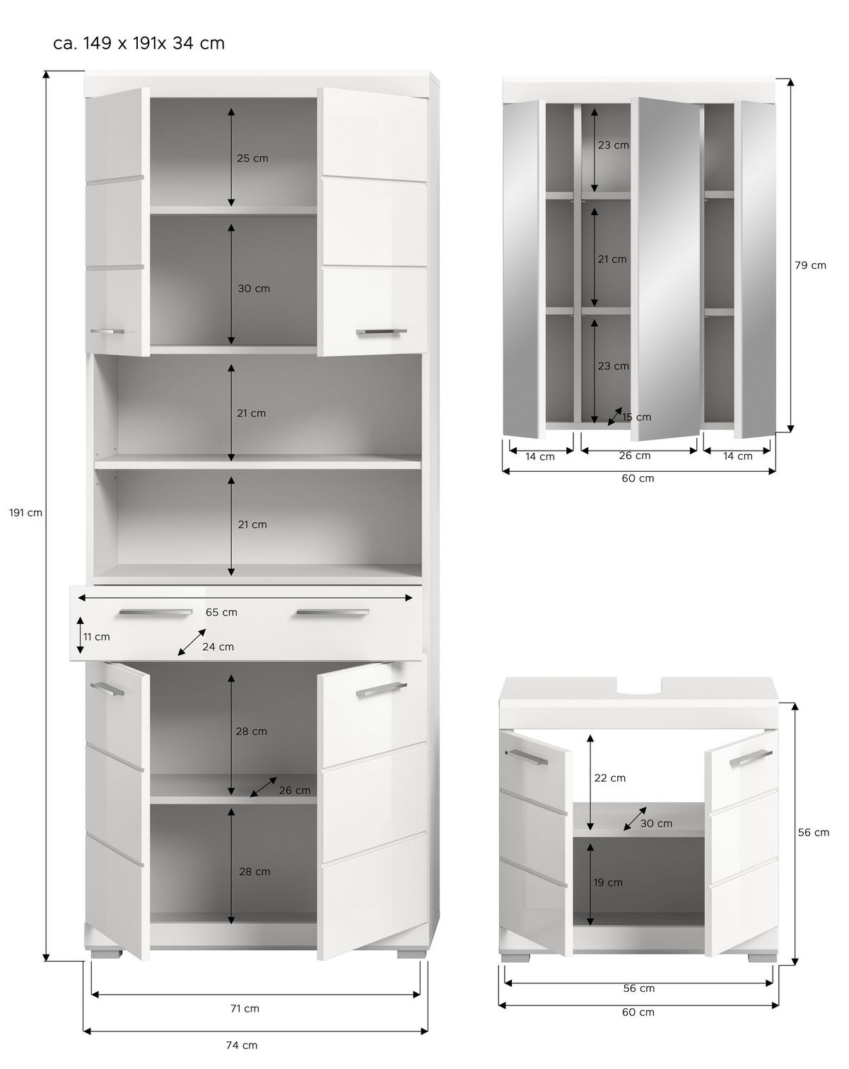 BADKOMBINATION 3tlg. Scout Bad in weiß Nachbildung und weiß hochglanz B/H/T: 149x191x34 cm - Weiß, Holz (149/191/34cm)