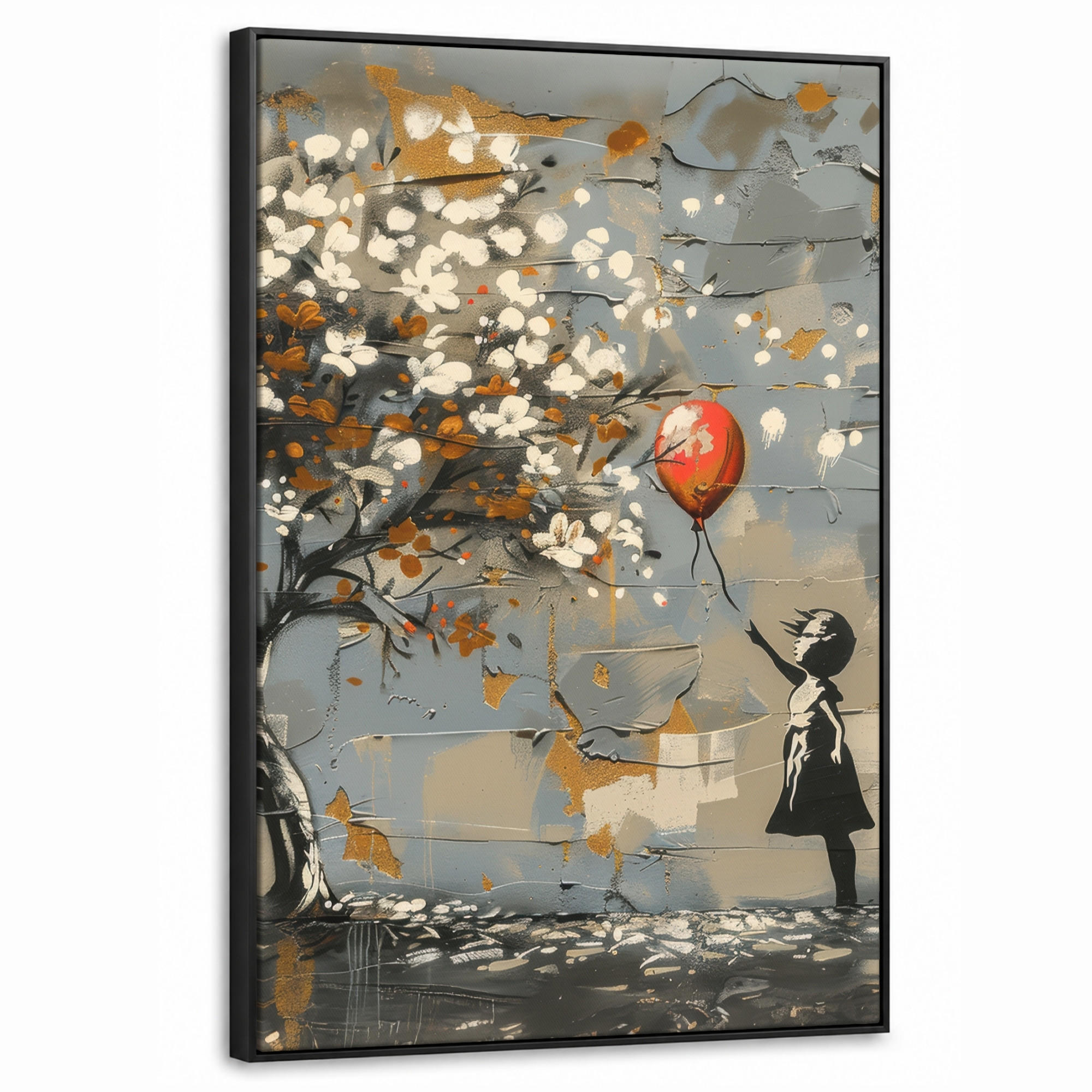LEINWAND Bilder mit Rahmen - Baum - Graffiti - Banksy-Stil - Ballon-Mädchen - 60x90 - Blaugrau, Textil (60/90cm) - MuchoWow