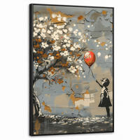 LEINWAND Bilder mit Rahmen - Baum - Graffiti - Banksy-Stil - Ballon-Mädchen - 60x90 - Blaugrau, Textil (60/90cm) - MuchoWow