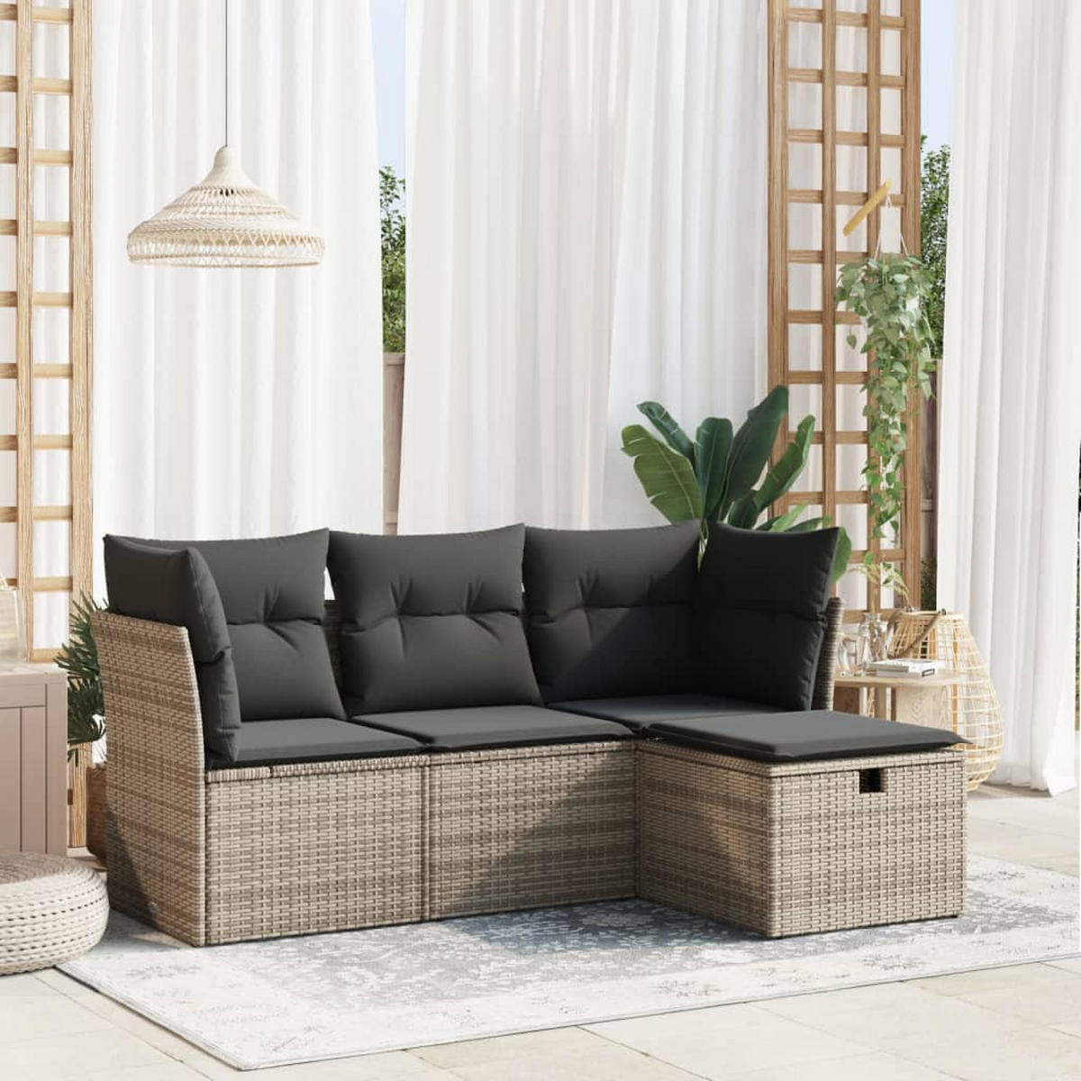 GARTEN-SOFAGARNITUR 4-TLG. Mit Kissen Grau Poly Rattan - Grau, Kunststoff - vidaXL