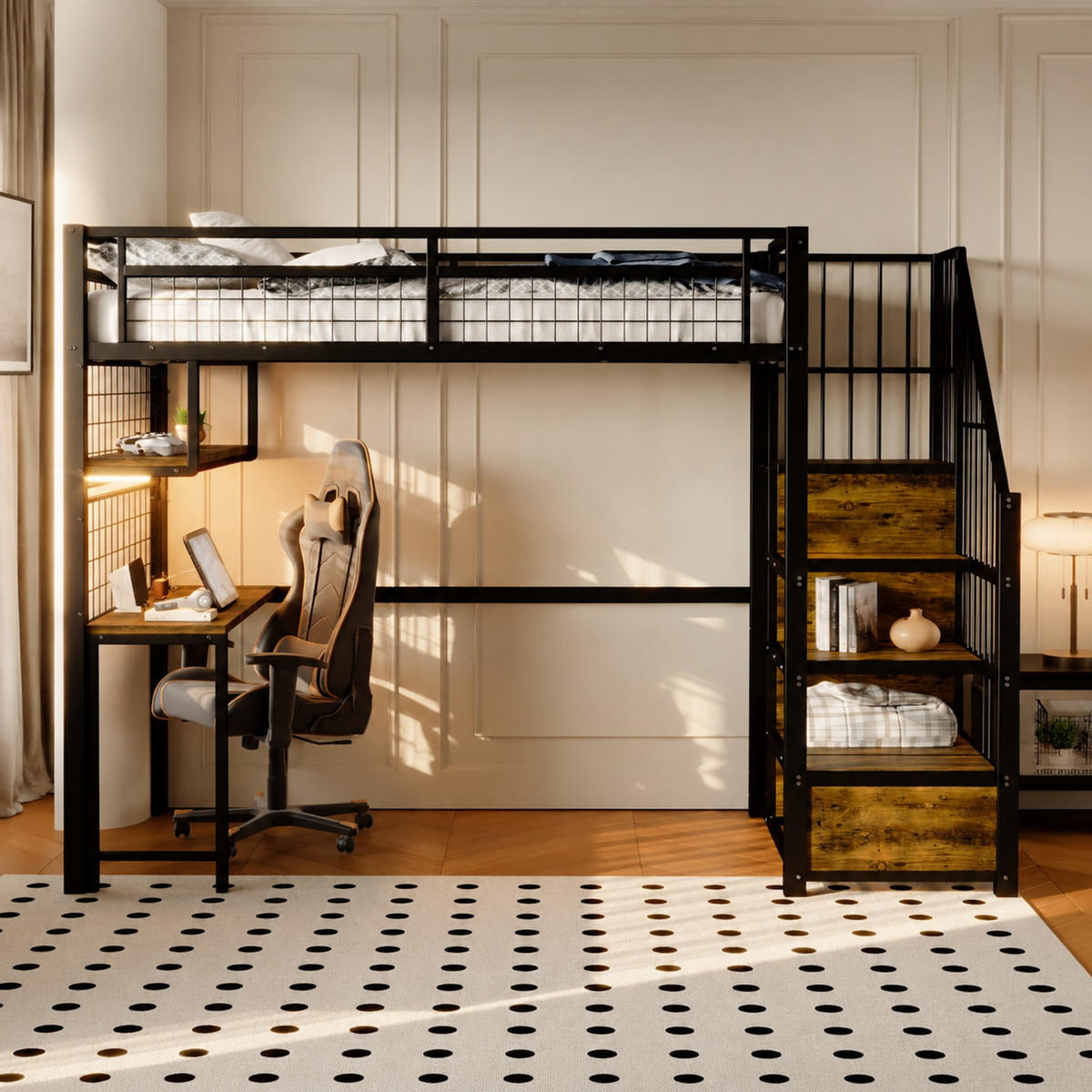 HOCHBETT 90/200 mit LED, Schreibtisch, Stauraumleiter und Kleiderschrank in Schwarz - Schwarz, Holzwerkstoff/Metall (90/200cm) - EVRYAE