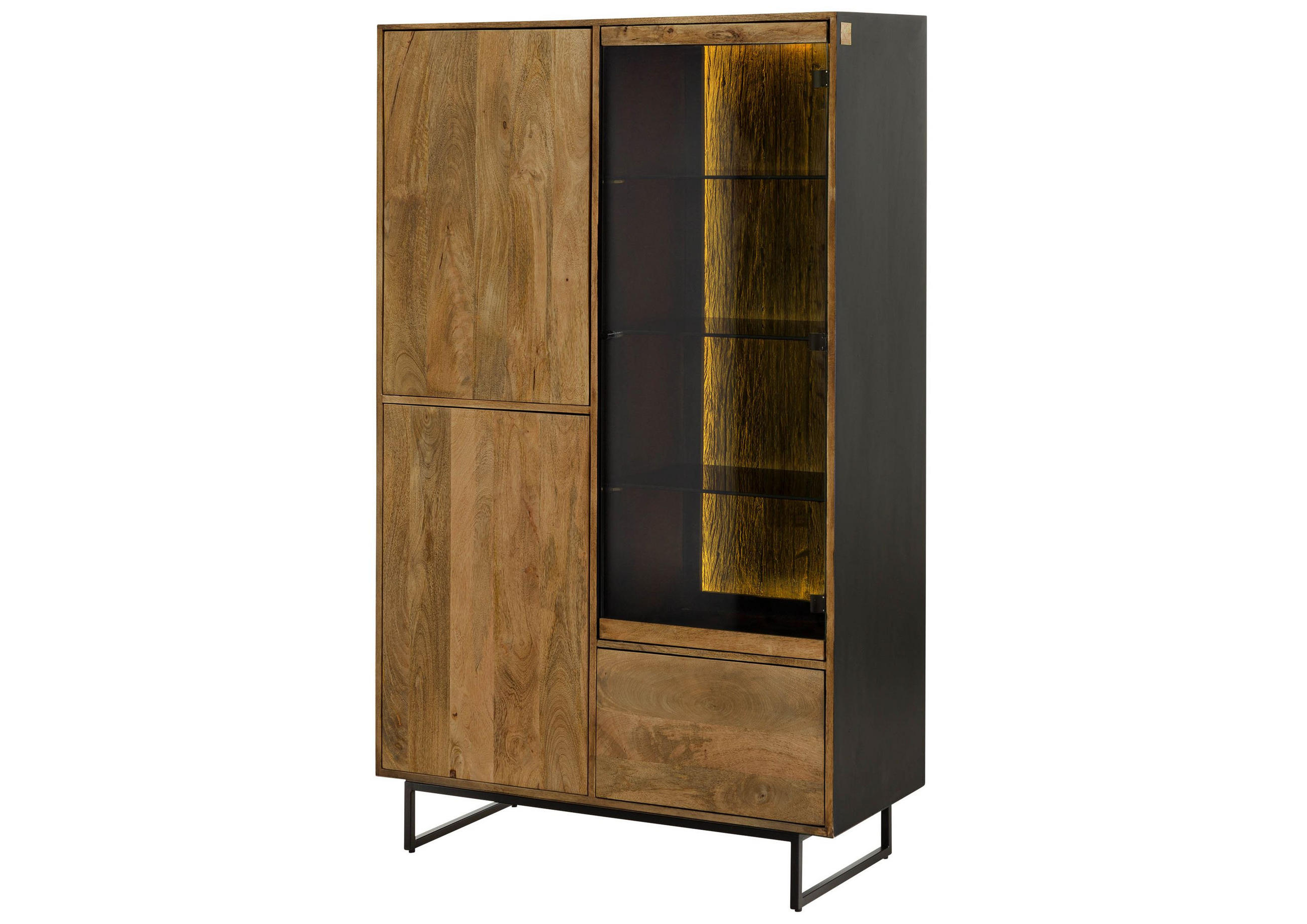 VITRINE Mango / Altholz 110x47x182 schwarz / natur lackiert DAVIS #31 - Schwarz, Holz (110/182/47cm) - Massivmoebel24