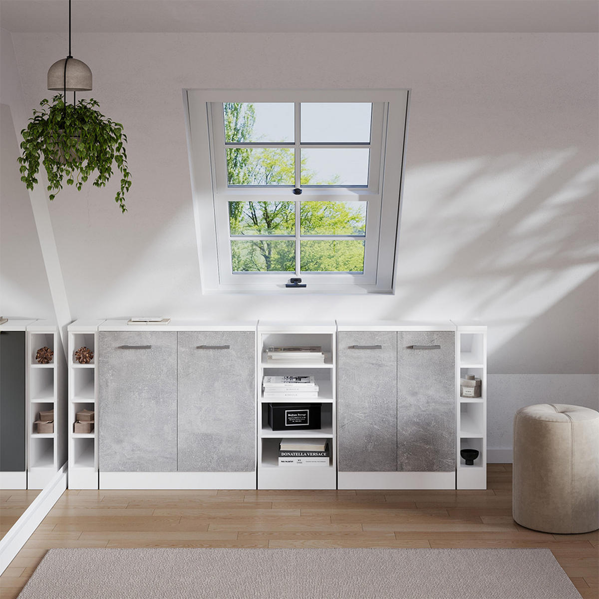 ŠATNÍ SESTAVA PRO ŠIKMÉ STŘECHY Rion Beton 210 cm Sada 5 korpusů skříně hloubka 60 cm - šedá/bílá, kompozitní dřevo (210/83.8/60cm) - Vicco
