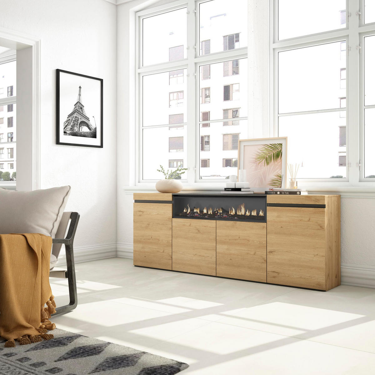 SIDEBOARD Elektrokamin, eiche, schwarz, 200/35/75cm - Beige/Multicolor, Holzwerkstoff (200/75/35cm) - Skraut Home