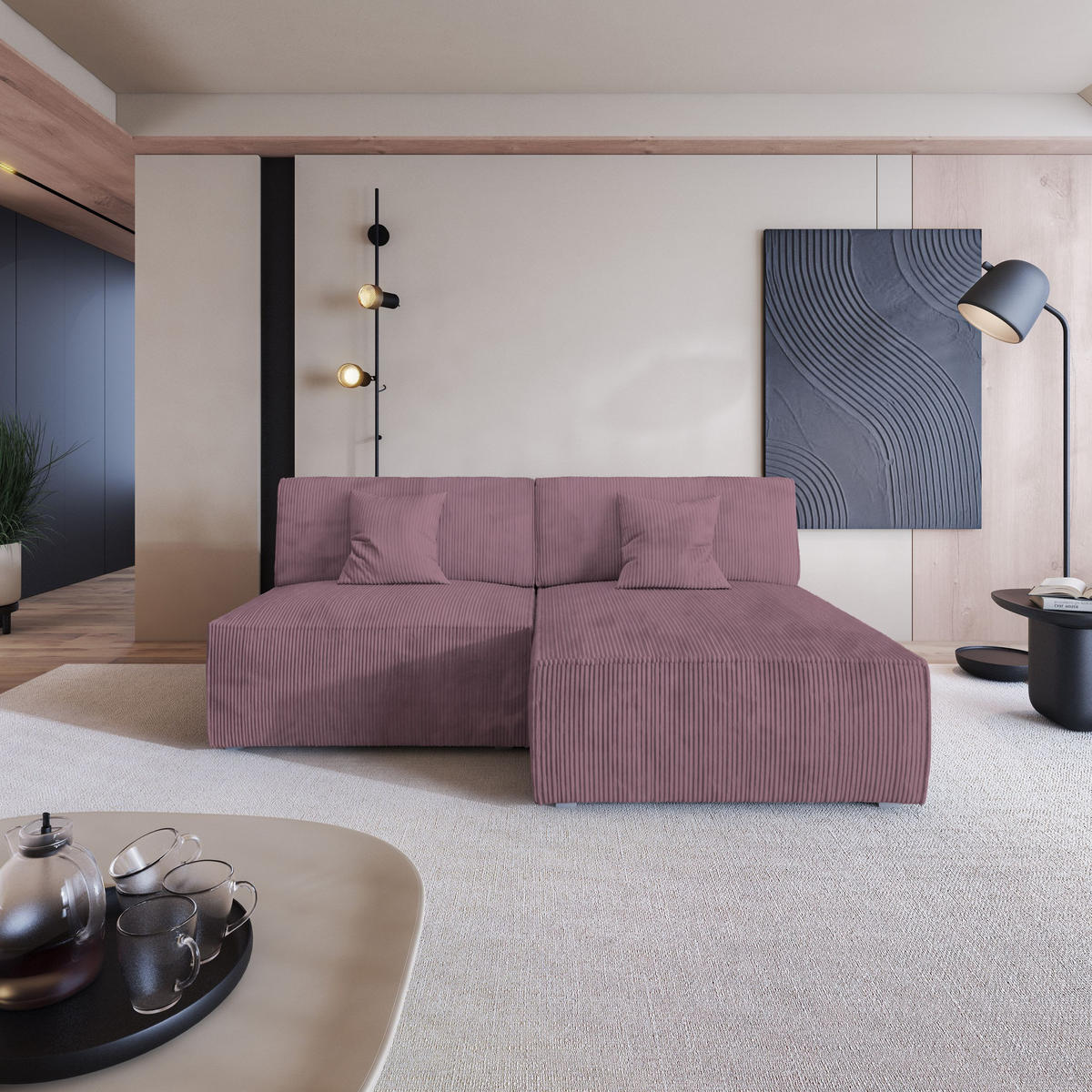 ECKSOFA FIORO P Lila Kordstoff mit Schlaffunktion - Lila/Grau, Holz/Kunststoff (204/148cm) - MASSENO