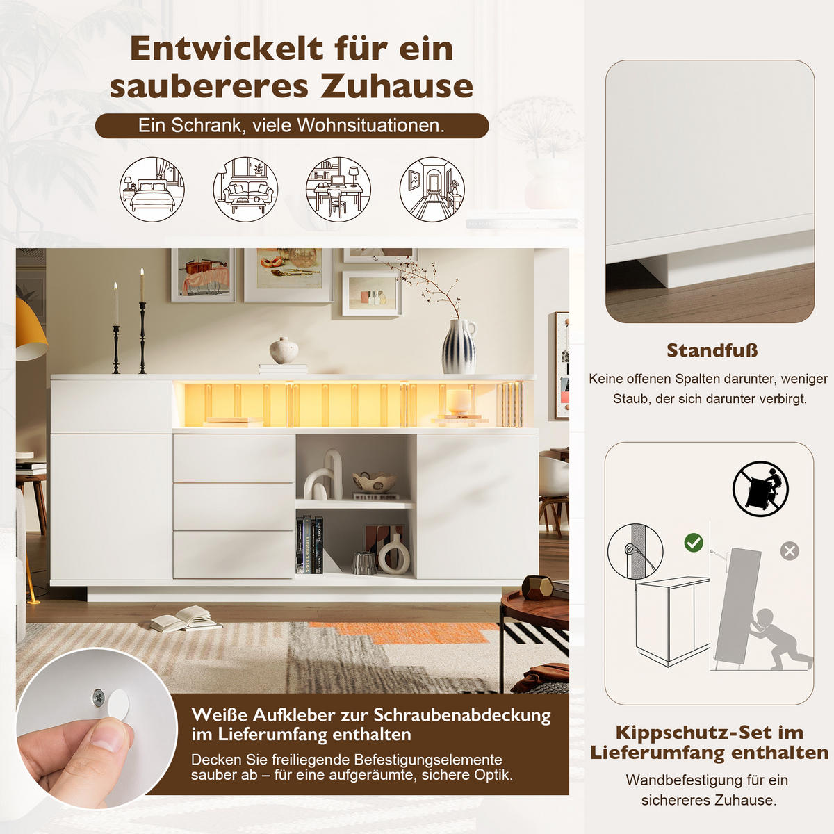 SIDEBOARD 160x40x75 cm Weiß mit LED und 4 Schubladen - Weiß, Holz (160/75/40cm) - FLIEKS