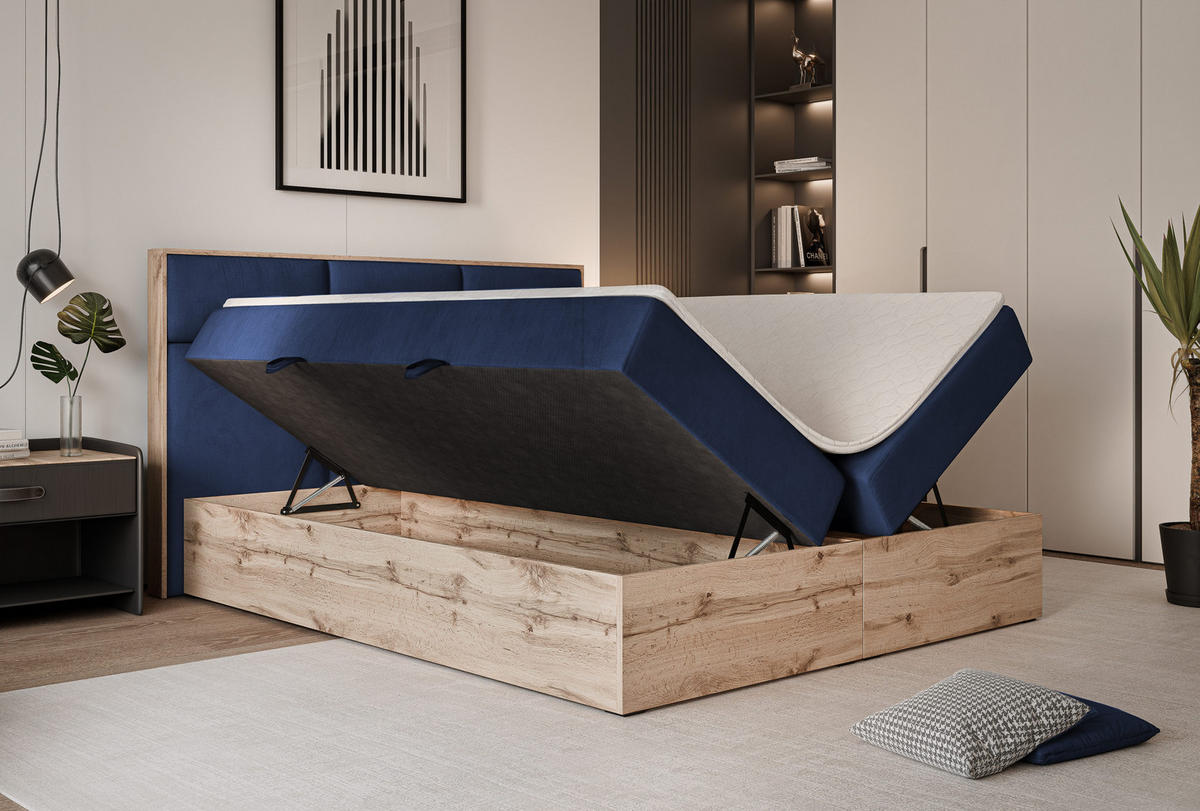 BOXBETT LAVIO 160/200 cm, in Marineblau, mit Matratze und Topper - Dunkelblau, Holzwerkstoff/Textil (160/200cm) - Idohome