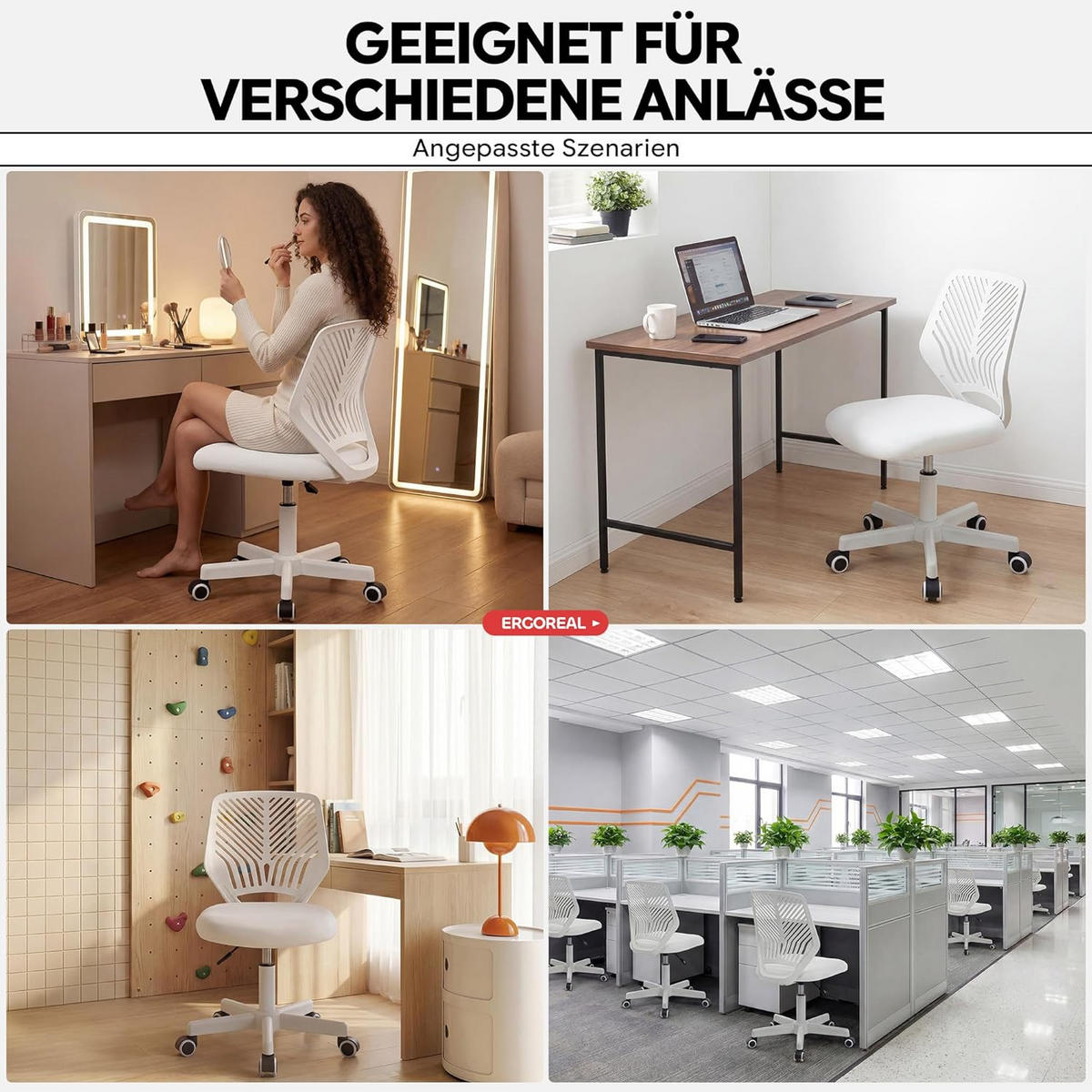 BÜROSTUHL Ergonomischer ohne Armlehne, mit Rollen & Höhenverstellung - Weiß, Metall (55/79/55cm) - Gisaae