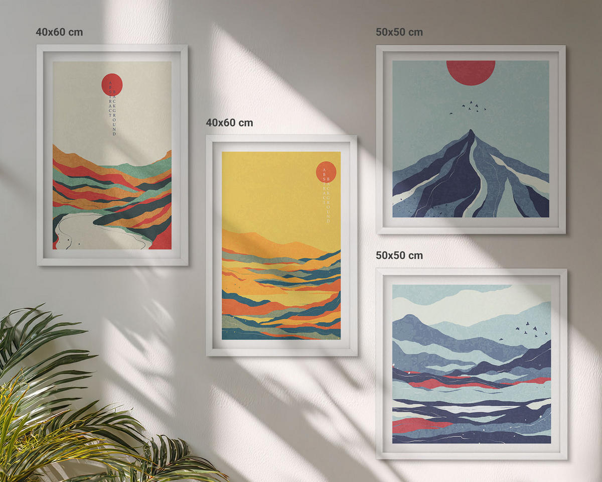 BILDER SET 4er Set - 50x50 cm & 40x60 cm Weißer Rahmen - Farbenfrohe abstrakte Flussberge - Weiß, Kunststoff (50/50cm) - TULUP