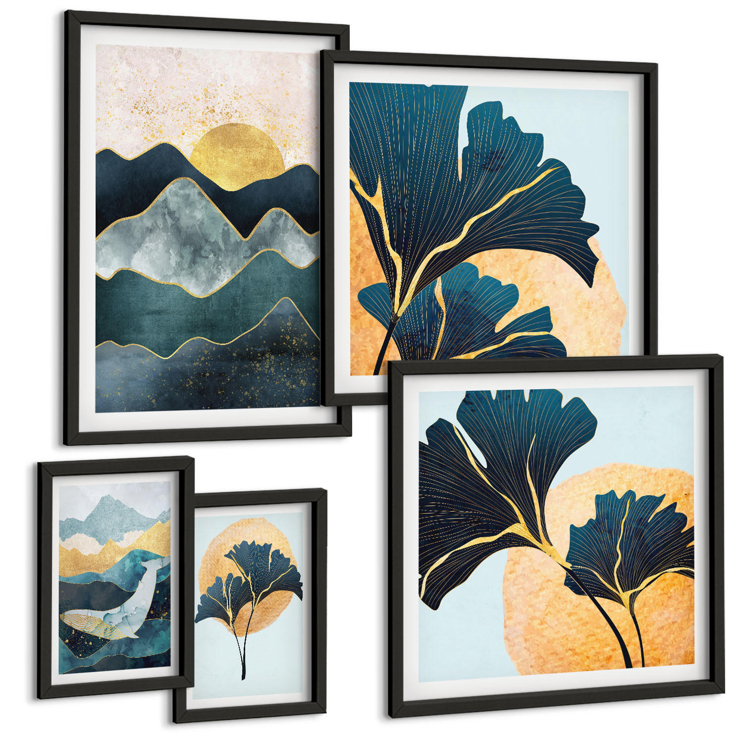 BILDER SET 5er Set - 50x50 cm & 20x30 cm & 40x60 cm Schwarzer Rahmen - Fruchtige Muster italienischer Wein - Schwarz, Kunststoff (40/60cm) - TULUP
