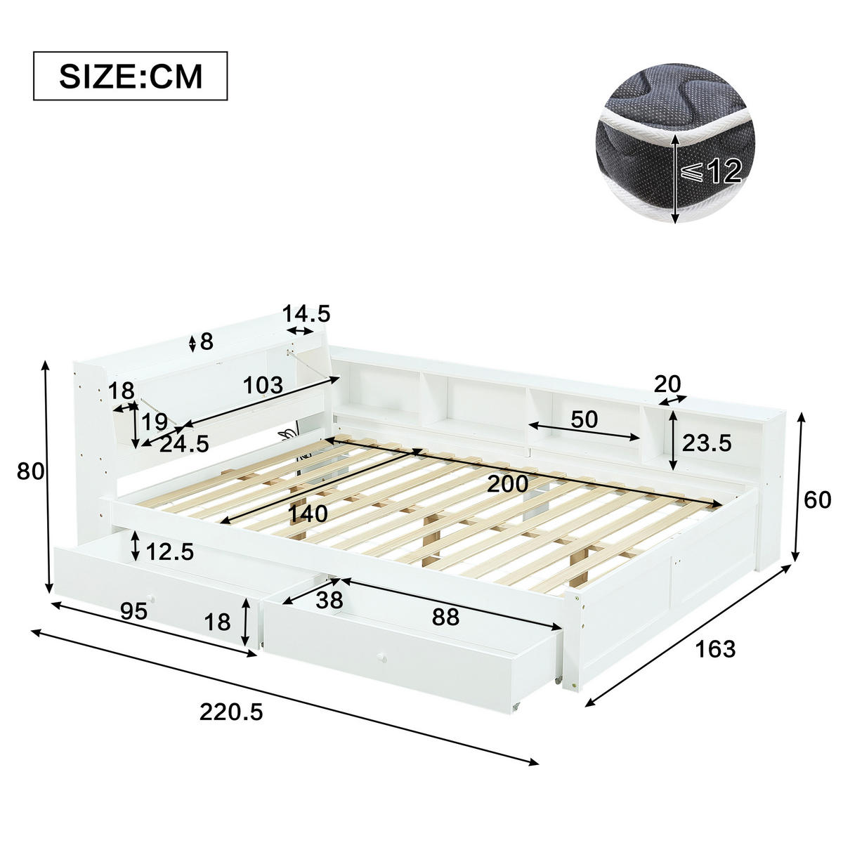 BETT 140x200 cm LED USB Schubladen weiß - Weiß, Holz (140/200cm) - LEBENLANG