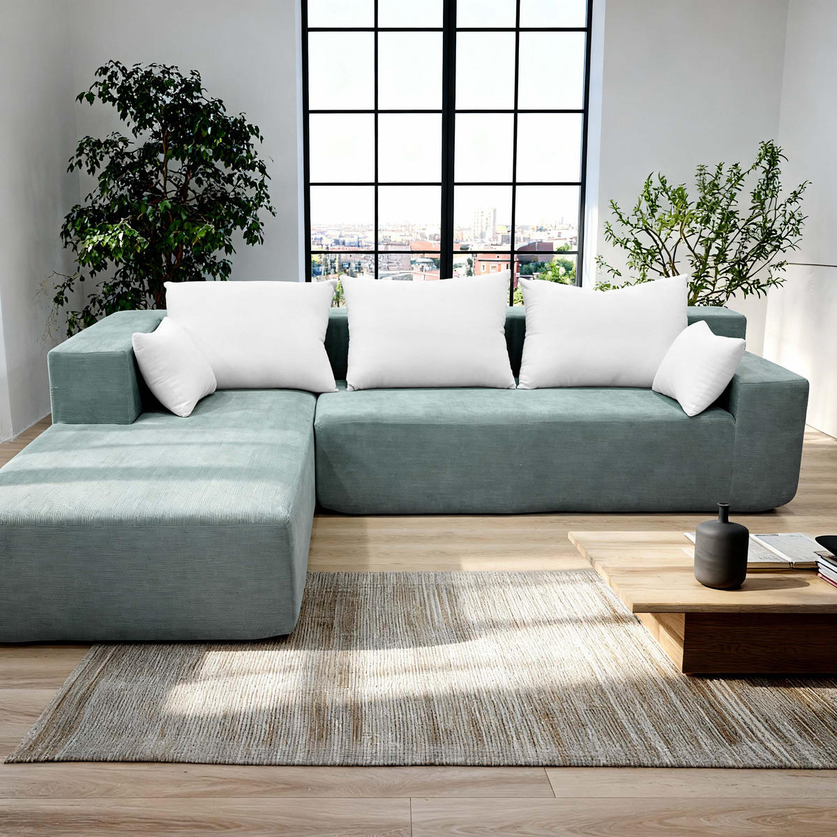 ECKSOFA Luna Salbei Weiß 3-Sitzer Links - Salbeigrün, Textil (267/175cm) - COCO Living