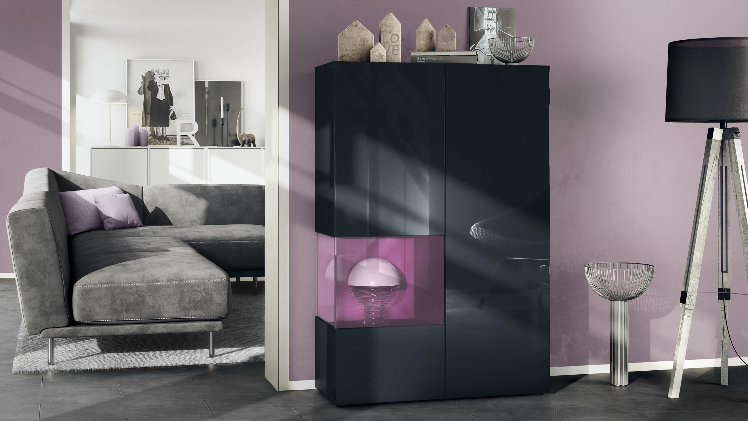 VITRINE Morena Einsatz in Brombeer Hochglanz - Brombeere, Holzwerkstoff (91.5/136.5/37cm) - Vladon
