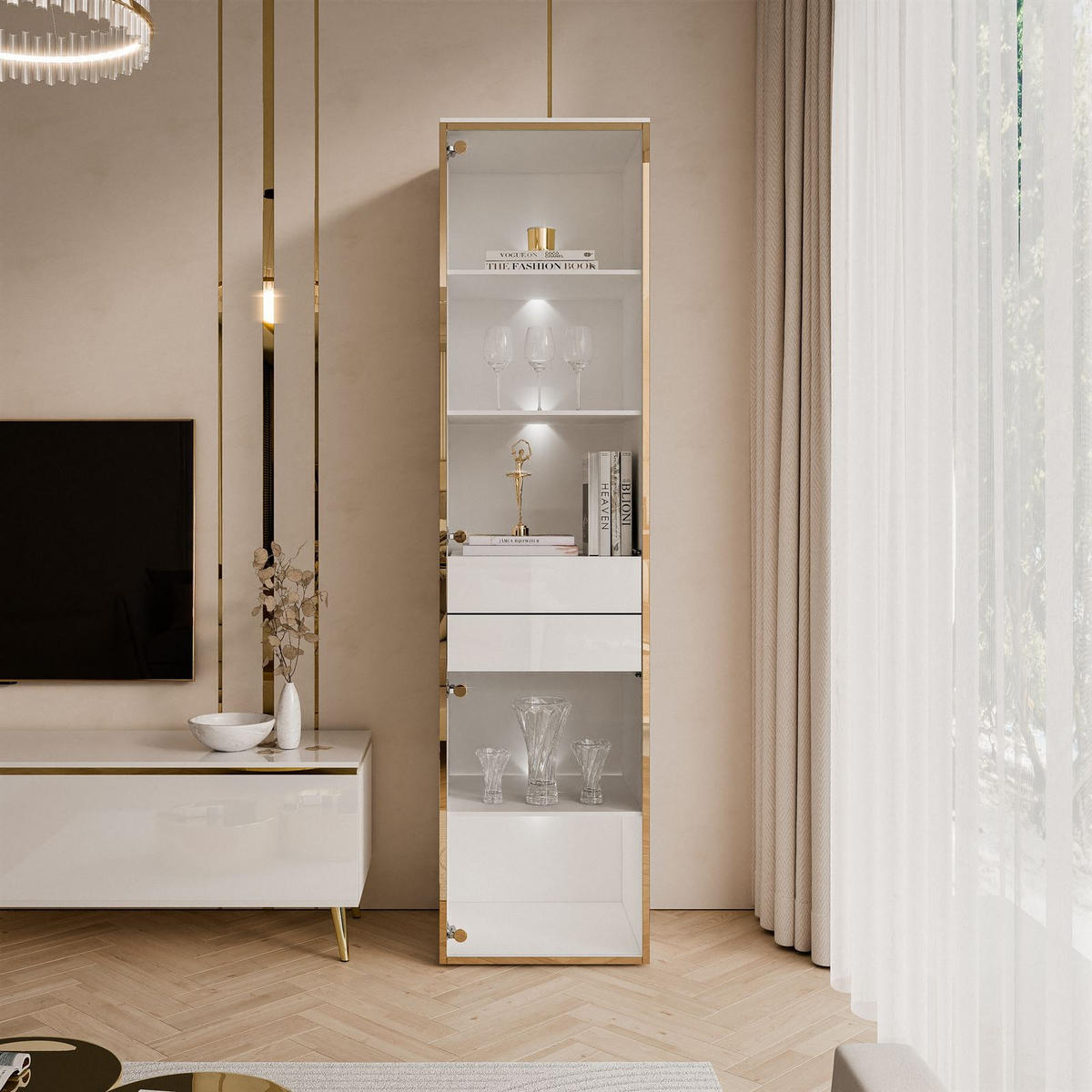 VITRINE AURORA in Weiß hochglanz mit LED-Beleuchtung mit Fuße - Weiß Hochglanz/Schwarz, Holzwerkstoff/Kunststoff (45/181/40cm) - Lookway