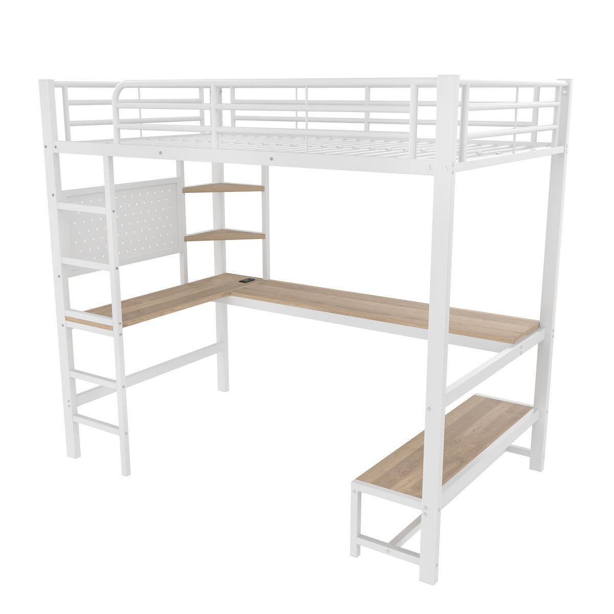 HOCHBETT 90/200 cm in Weiß mit Schreibtisch, Ablagen, LED und USB/Type-C - Weiß, Holzwerkstoff/Metall (90/200cm) - STILVORA