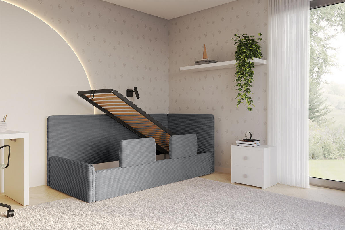 EINZELLBETT Jugendbett mit Bettkasten, Links - NORY 80x200 Dunkelgrau - Graphitfarben, Holzwerkstoff/Textil (80/200cm) - ALTDECOR