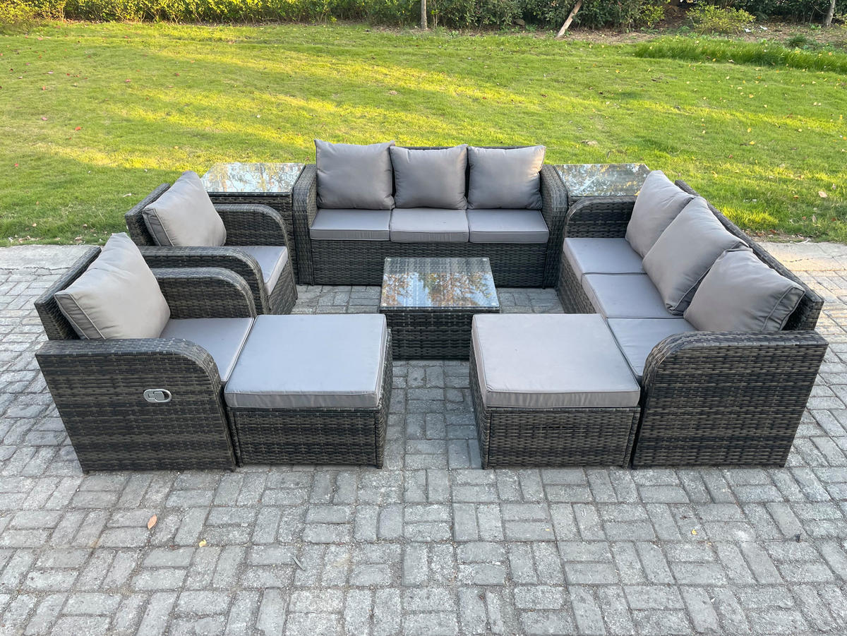 GARTENTISCHGRUPPE Polyrattan Dunkelgrau 9-teilige - Dunkelgrau/Grau, Glas/Kunststoff - Fimous