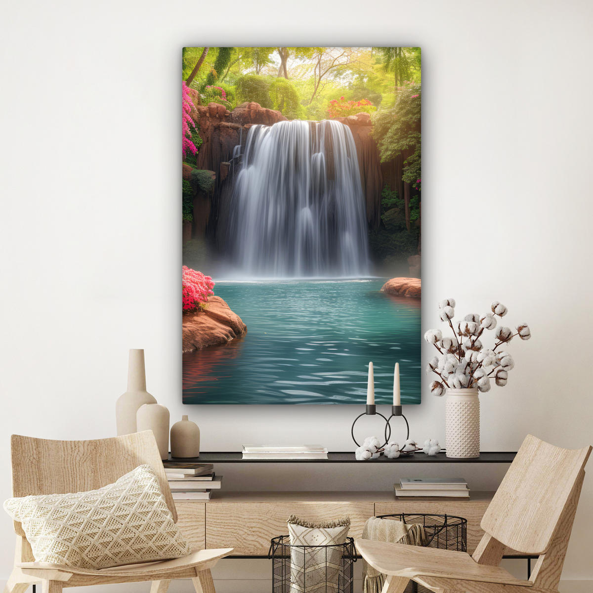 LEINWANDBILD Wasserfall - Natur - Pflanzen - Dschungel - Wasser Deko Groß 90x140 cm - Grün, Textil (90/140cm) - MuchoWow