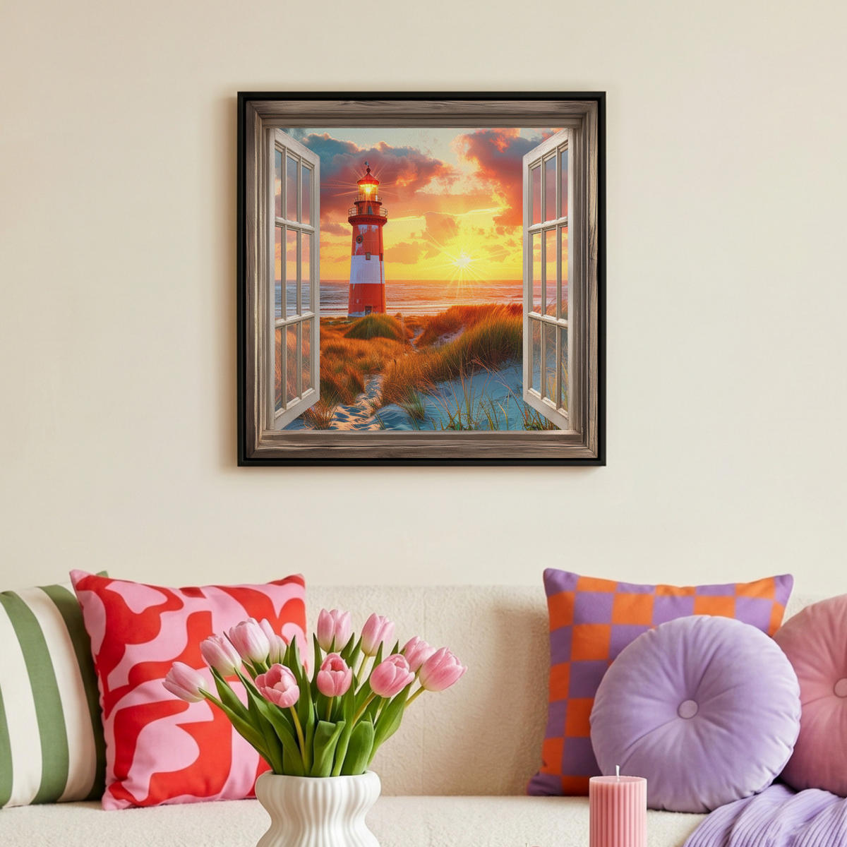 LEINWAND Bilder mit Rahmen - Aussicht - Fenster - Leuchtturm - Sonnenuntergang - Strand - 50x50 - Dunkelorange, Textil (50/50cm) - MuchoWow