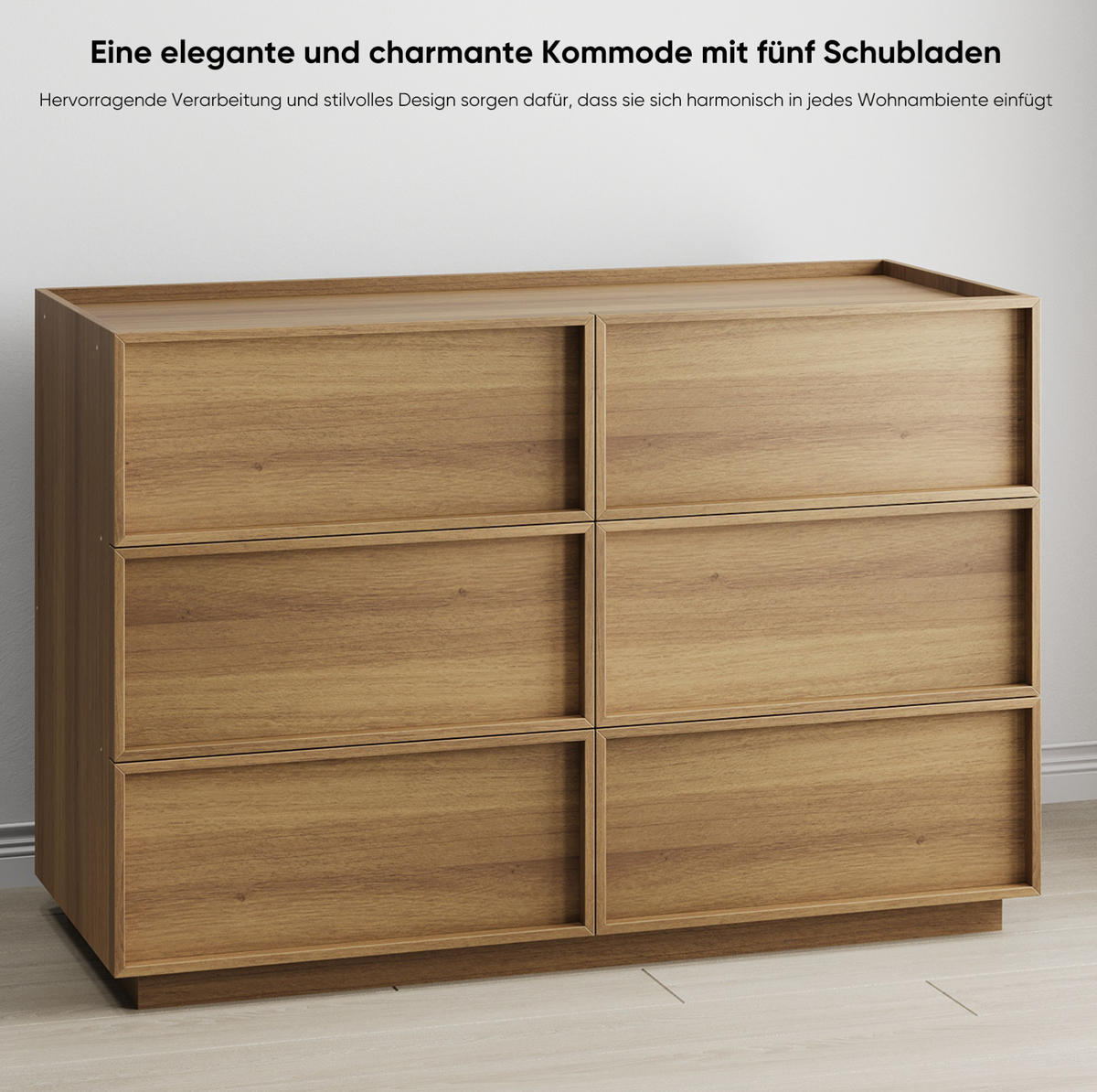 KOMODA z MDF a dřevotřísky 115x48x78 cm dubová se 6 zásuvkami, bez úchytek a s ochranou proti převrácení - ořechová, kompozitní dřevo (115/78/48cm) - Modfu
