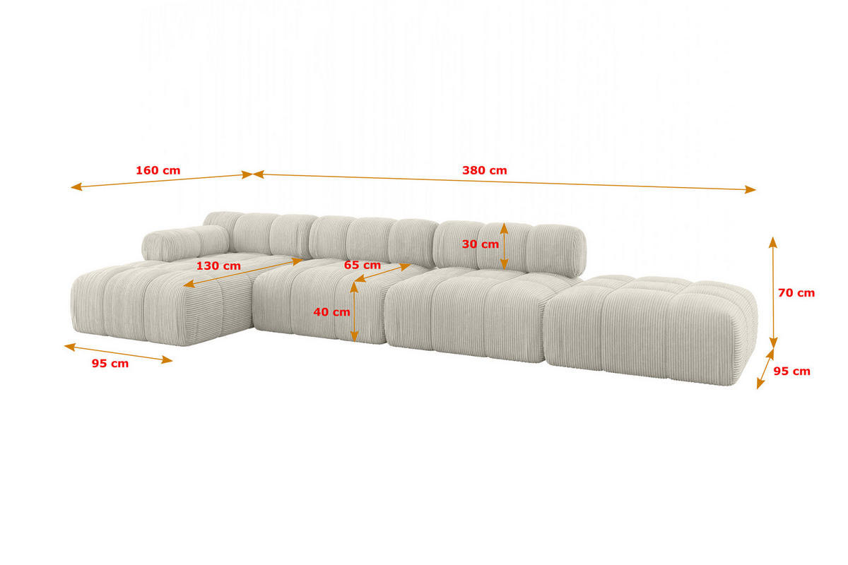 ECKSOFA modulares Sofa Lizur-L2 - 380x160x70 cm Hellgrau Cord - Hellgrau, Holzwerkstoff/Textil (380/160cm) - ALTDECOR