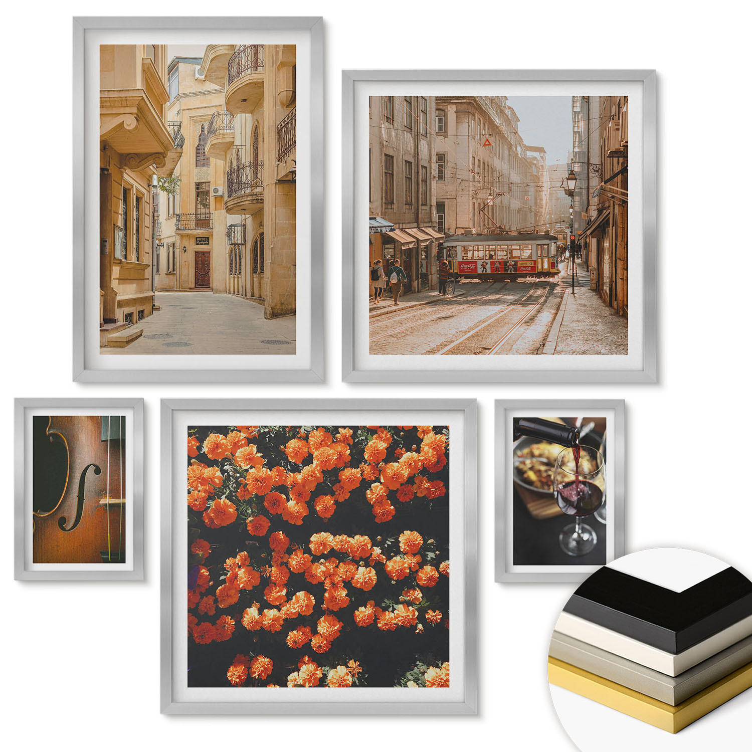 WANDBILDER 5er Set - 50x50 cm & 20x30 cm & 40x60 cm Silberner Rahmen - Vintage Blumen Straße Wein Geige - Silberfarben, Kunststoff (40/60cm) - ArtPrintCave
