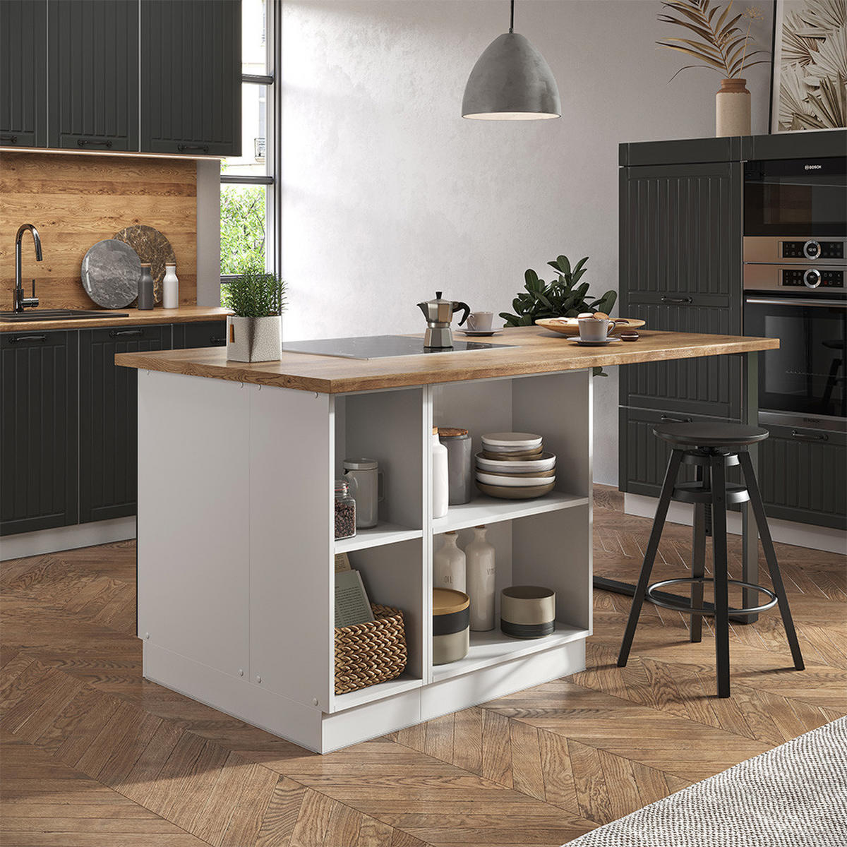 KÜCHENINSEL Fame-Line Anthrazit Landhaus/Weiß 90 cm mit Schublade ohne AP - Dunkelgrau/Anthrazit, Holzwerkstoff (90/82/60cm) - Vicco