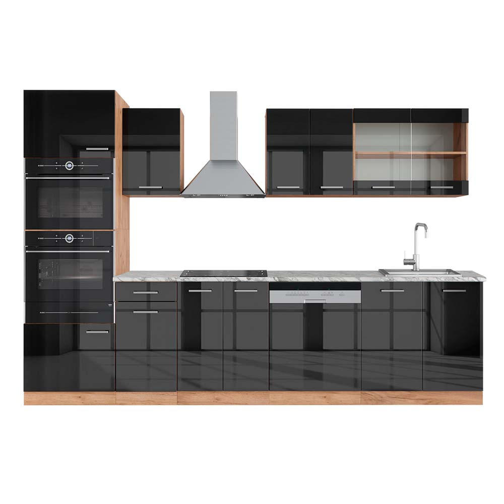 Vicco KUCHYŇSKÝ KOUT R-Line Antracitový vysoký lesk/zlatý dub power 300 cm s vysokou skříní, PD Mramor