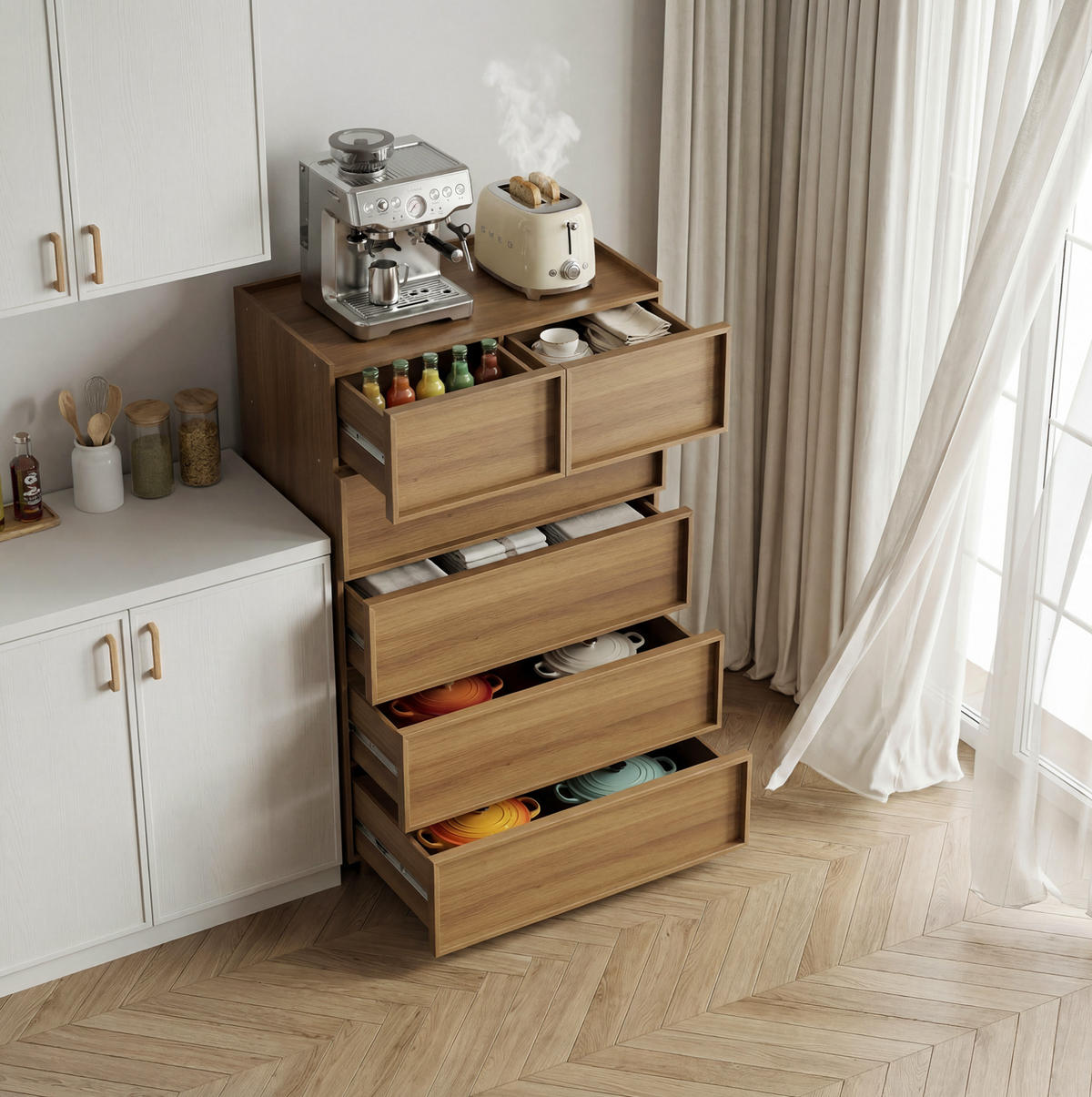KOMMODE 80/127/48 cm Eichefarben aus MDF und Spanplatte mit 6 Schubladen - Nussbaumfarben, Holzwerkstoff (48/127/80cm) - OKMYHOME