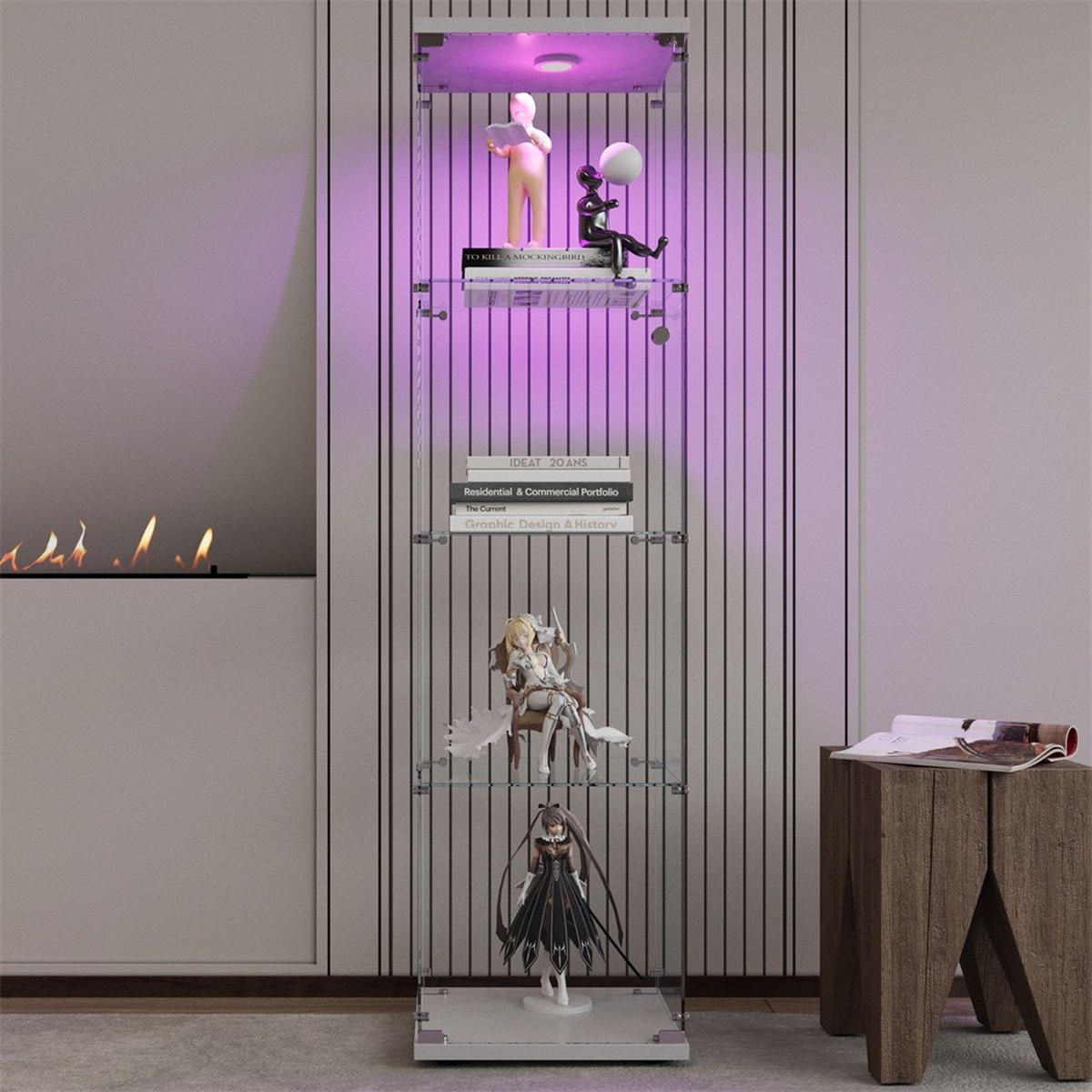 VITRINE mit LED Beleuchtung - Glaskvitrine mit 4 Ebenen und 1 Glastür - für Wohnzimmer und Büro - Weiß - Weiß, Glas (42.5/163.5/36.5cm) - DELFA