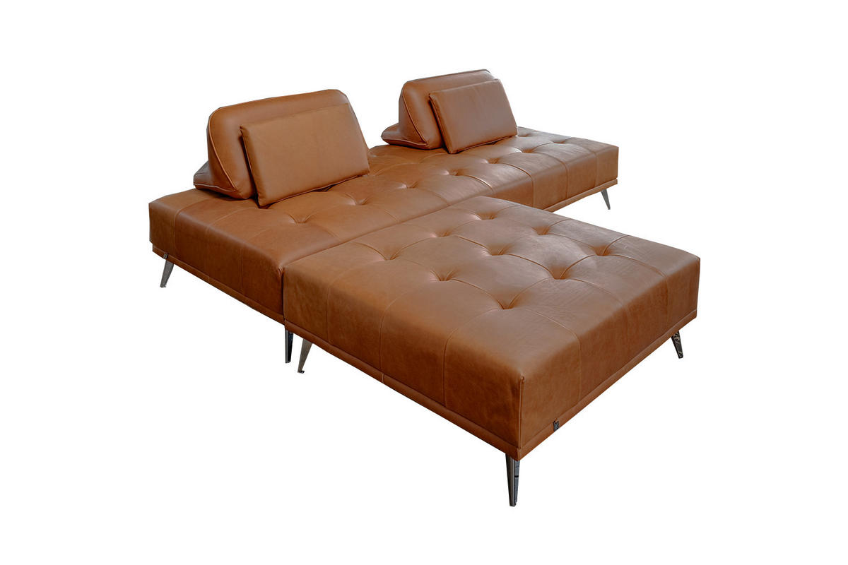 SOFA MIT HOCKER WIOLO 2ER SET Braun Leder - Dunkelbraun/Silberfarben, Leder/Metall (240/83/110cm) - KAWOLA