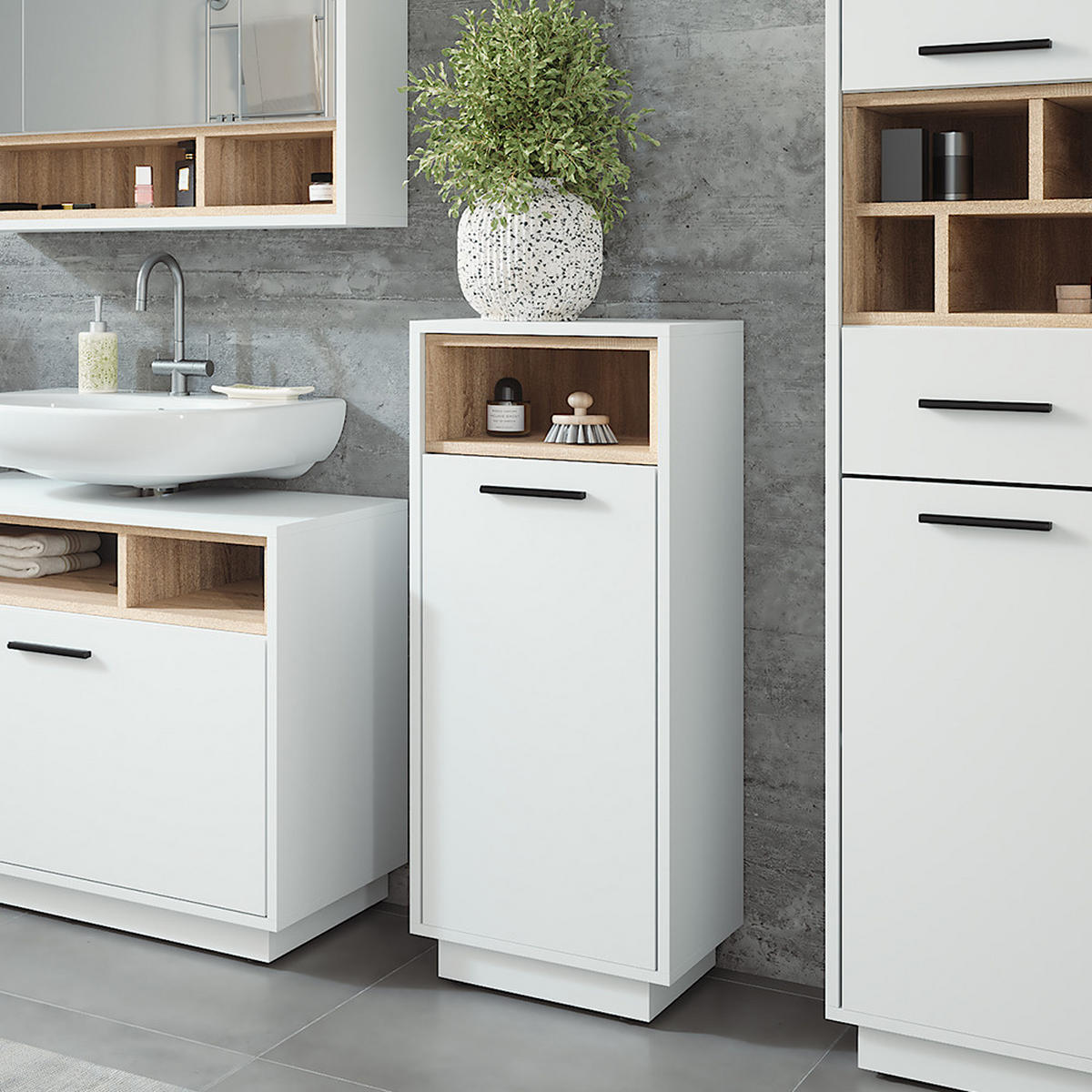 WÄSCHESCHRANK Beatrice Weiß/Sonoma 38 x 93 cm mit herausnehmbarer Innentasche - Weiß/Sonoma Eiche, Holzwerkstoff (38/93/30cm) - Vicco