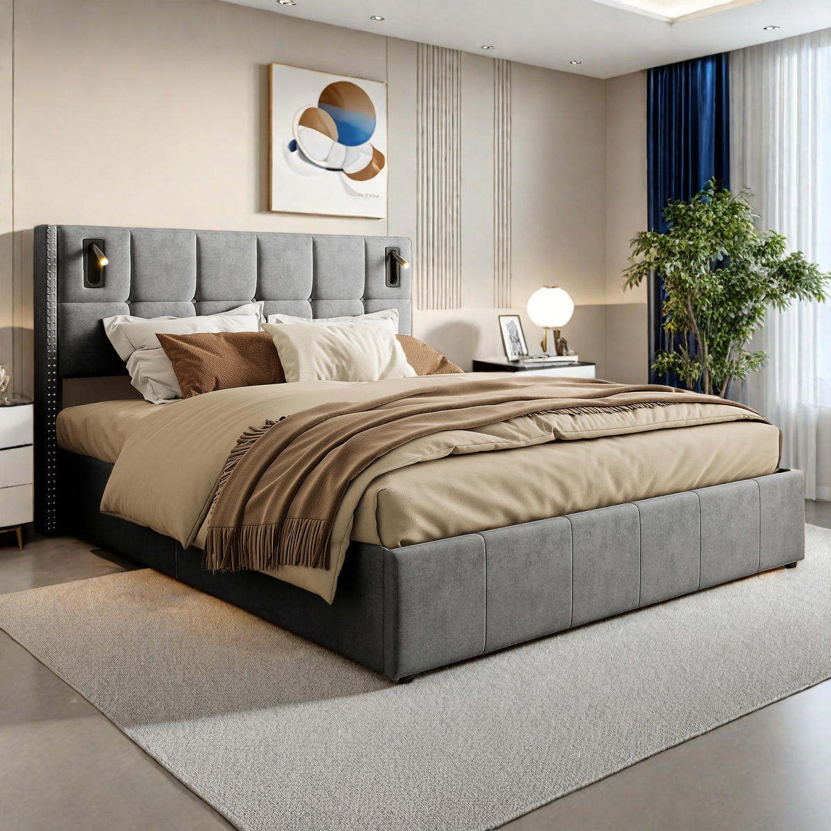 POLSTERBETT 140x200 cm Grau Leselicht Metall Stauraum - Grau, Metall (140/200cm) - SHOPENTRA