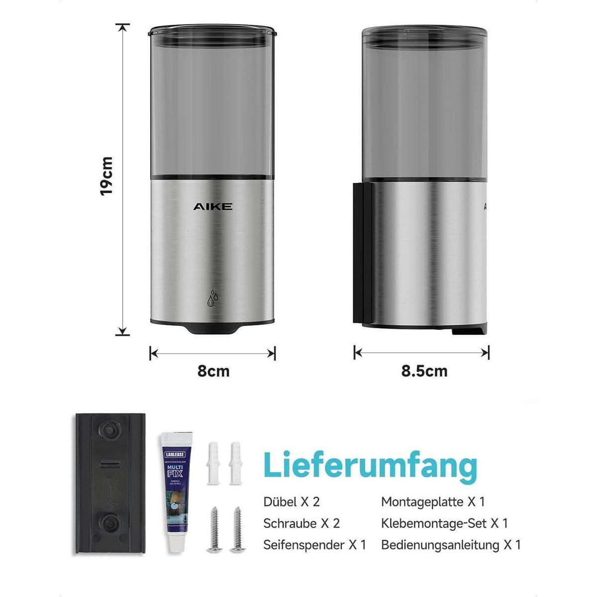 AUTOMATISCHER Seifenspender Wandmontage 400ml Edelstahl Gebürstetes Mattsilber - Silberfarben, Metall (8/19/8.5cm)