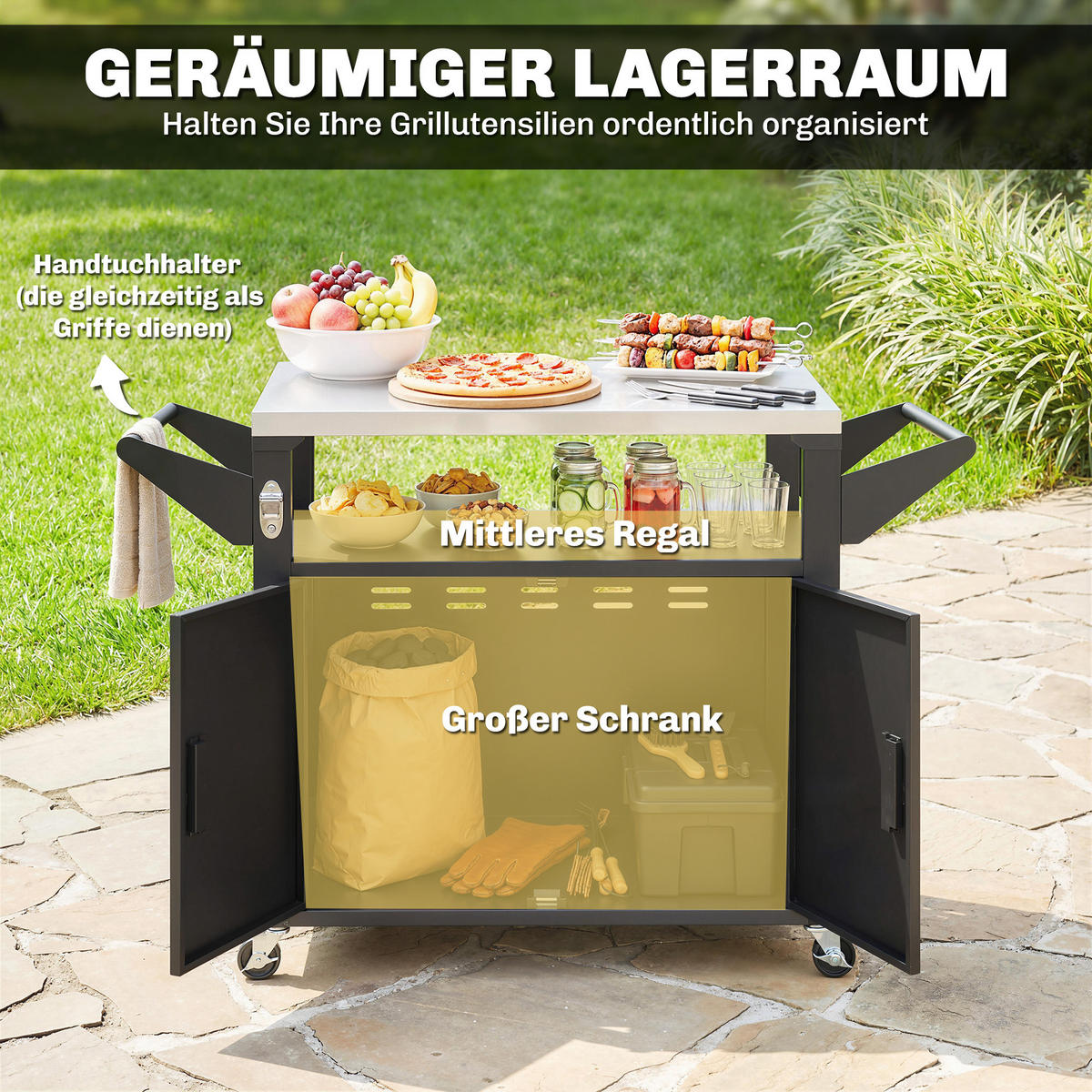 GRILLWAGEN Metall Edelstahl Schwarz - Schwarz, Metall (55/78/117cm) - Outsunny