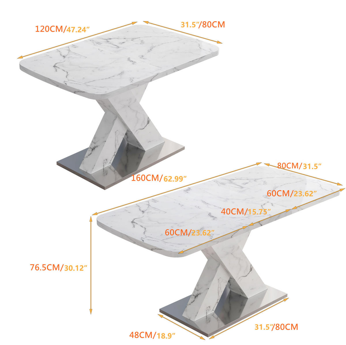 ESSTISCH aus MDF und Stahl 120-160x80x76,5 cm Weiß ausziehbar mit Marmordekor und X-Gestell - Weiß, Holzwerkstoff (160/80/76.5cm) - Modfu