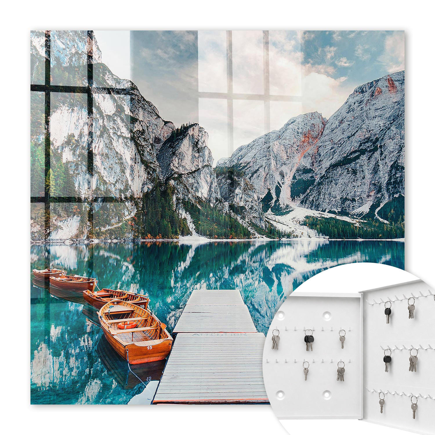 SCHLÜSSELBOX Weiß 30x30 cm – Türöffnung nach rechts - Berglandschaft - Blau, Metall (30/30/5cm) - TULUP