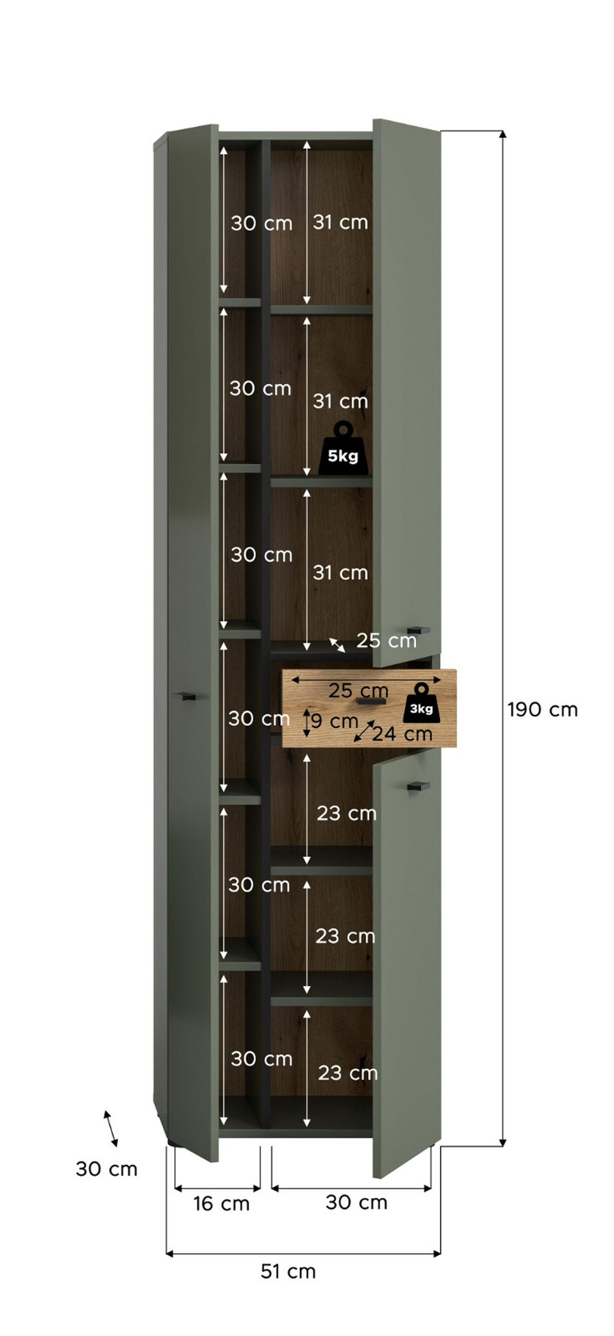 HOCHSCHRANK grün, Evoke Eiche 51 x 191 cm, Badschrank mit viel Stauraum - Eichefarben/Schwarz, Holzwerkstoff/Kunststoff (51/30/191cm) - Inn.Furn