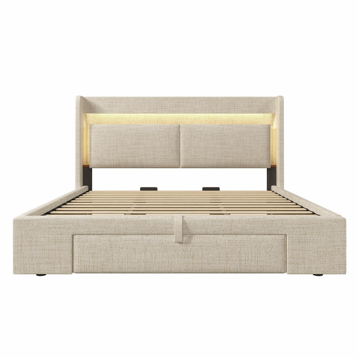 POLSTERBETT 180/200 cm Beige mit LED-Beleuchtung, 1 Schublade, Ablagefach sowie USB-/USB-C-Anschlüssen - Beige, Textil/Metall (180/200cm) - Homcomodar