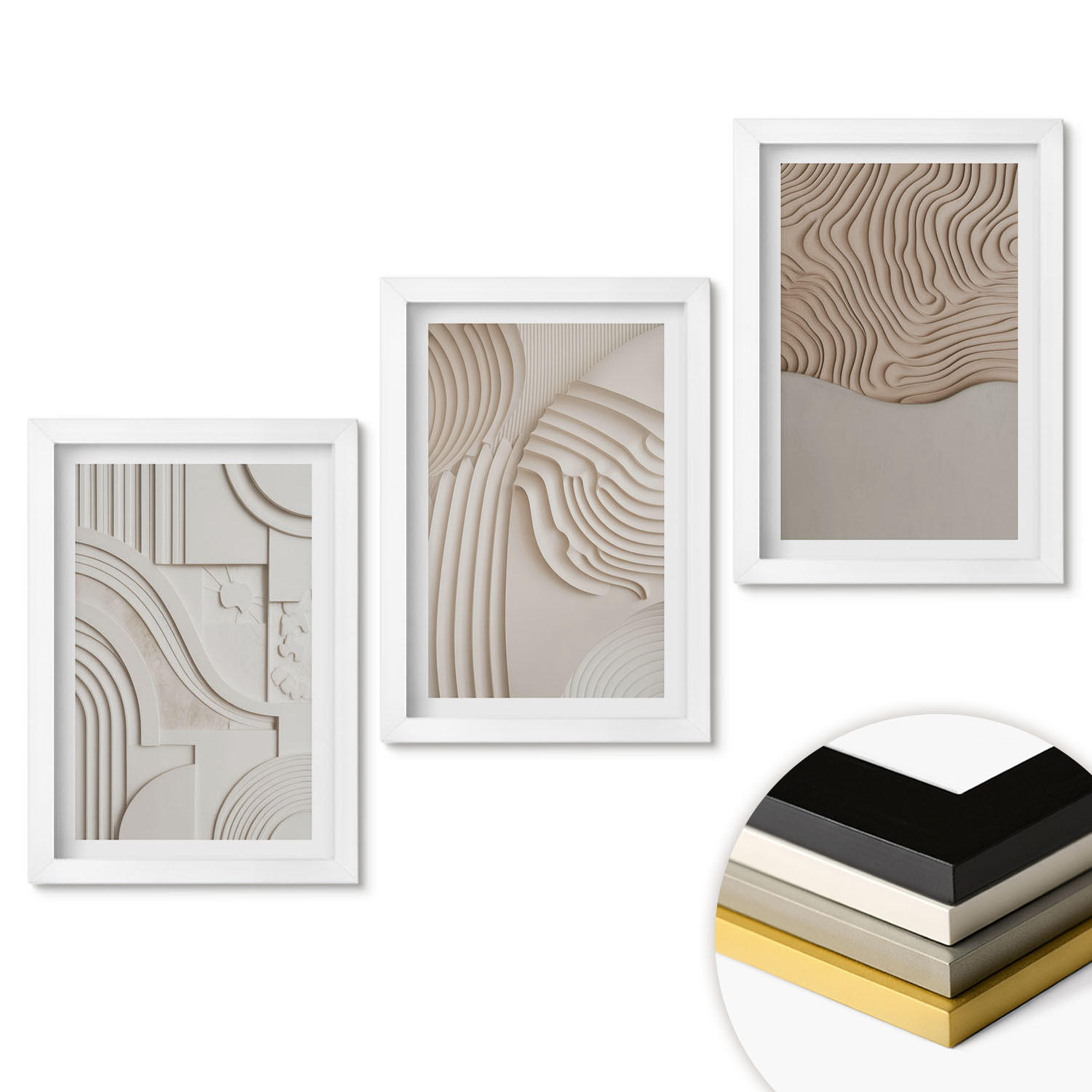 WANDBILDER 3er-Set - 20x30 cm Weißer Rahmen - Abstrakte Muster beige weiß - Weiß, Kunststoff (20/30cm) - ArtPrintCave