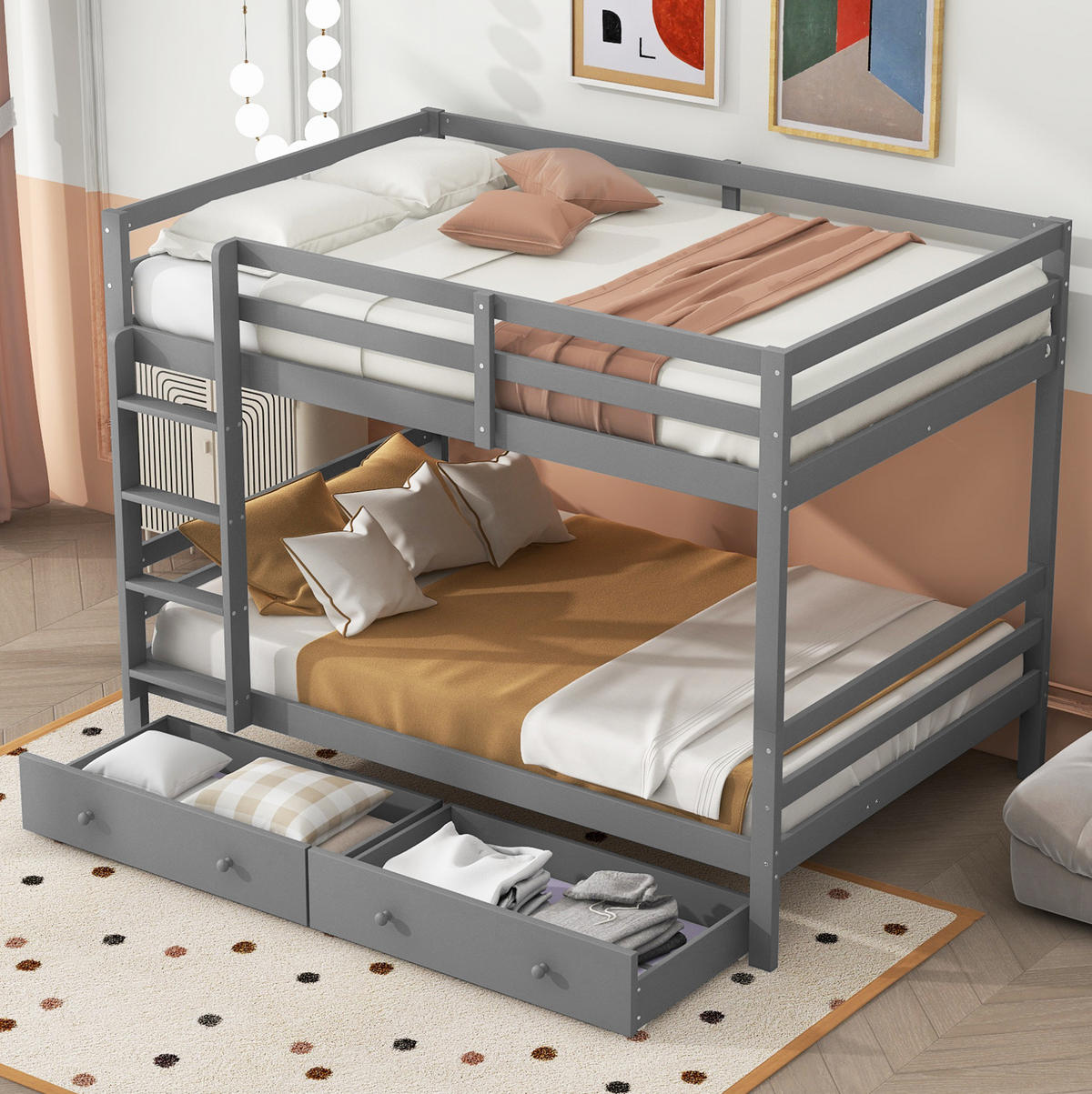 ETAGENBETT 140/200 cm in Grau mit Stauraum und hohen Geländern - Grau, Holz (140/200cm) - BEAOK