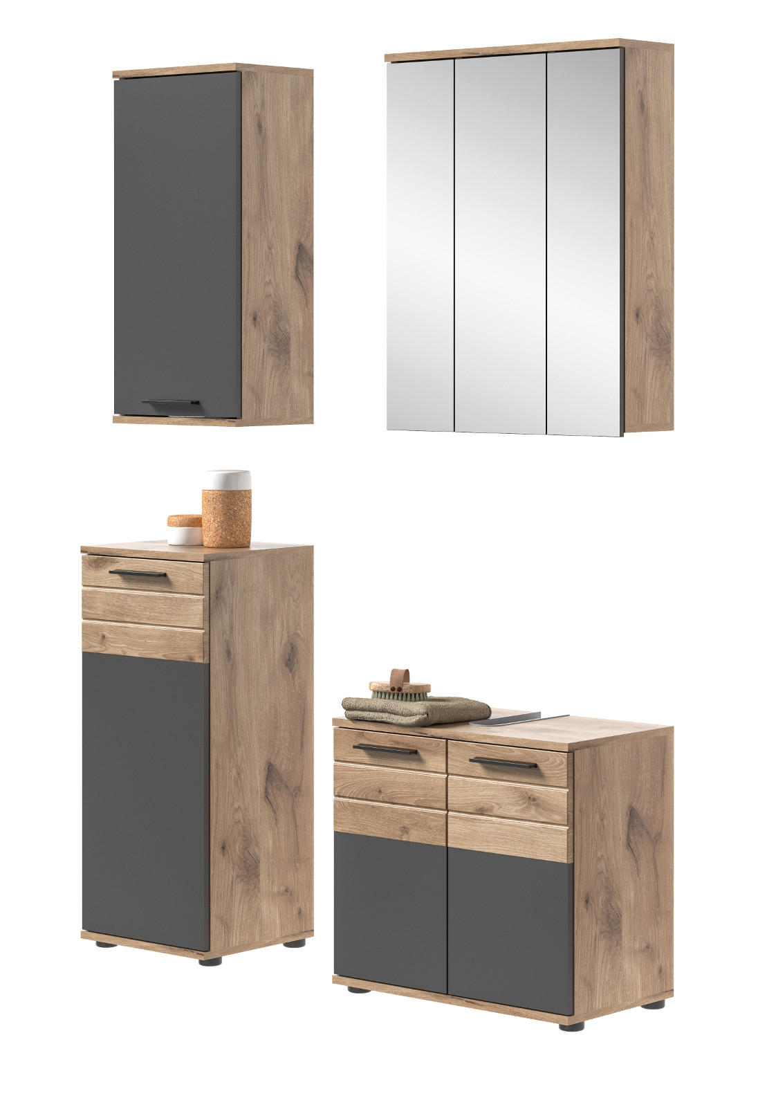 BADMÖBEL-SET Eiche, grau 4-teilig 112 cm mit Soft-Close, Badezimmereinrichtung - Eichefarben/Grau, Glas/Holzwerkstoff (112/190/34cm) - Inn.Furn