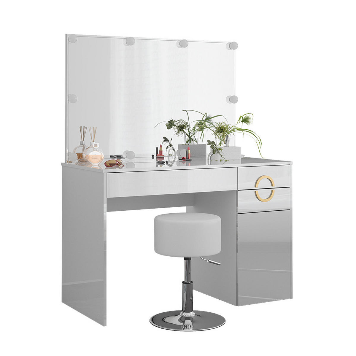 SCHMINKTISCH Adela Weiß 115 cm mit LED Beleuchtung und Hocker - Weiß, Holzwerkstoff (115/76.4/55cm) - Vicco