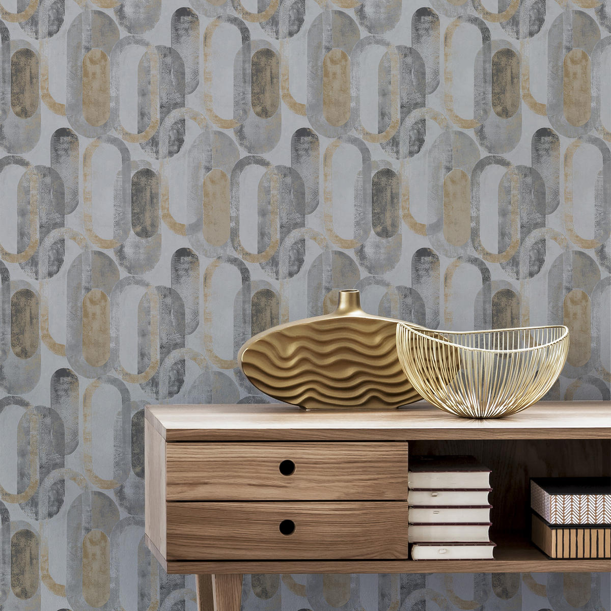 VLIESTAPETE - Ovale Formen Sand Gold - Sandfarben, Papier/Kunststoff (52/1000cm) - Sublime